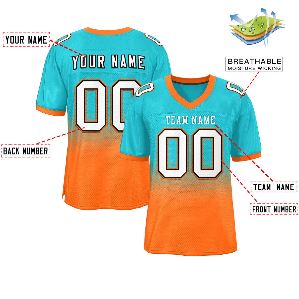 Custom Aqua Orange-White Gradient Fashion Outdoor Authentic American Football Jersey