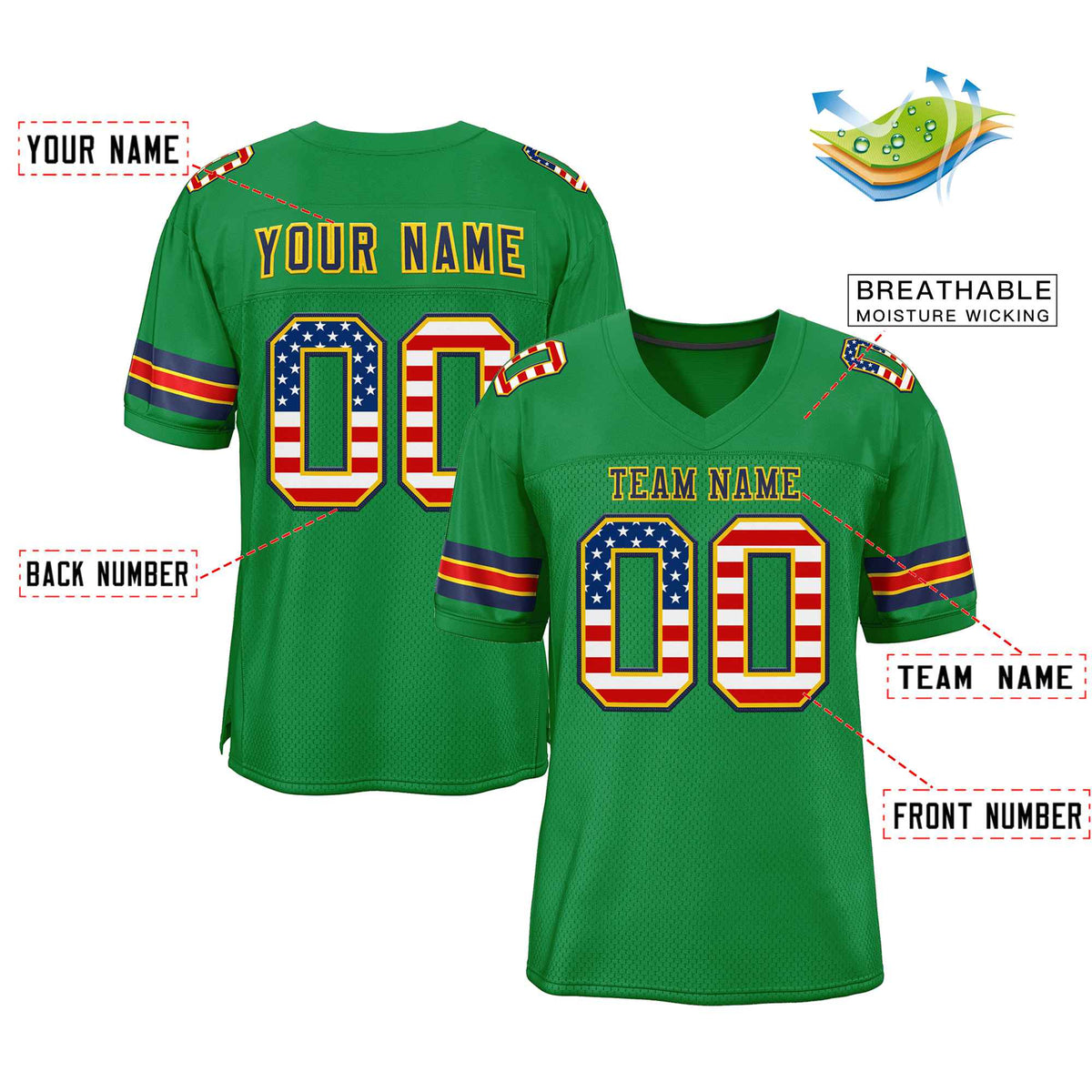 Custom Kelly Green Navy-Gold Classic Style Authentic Football Jersey