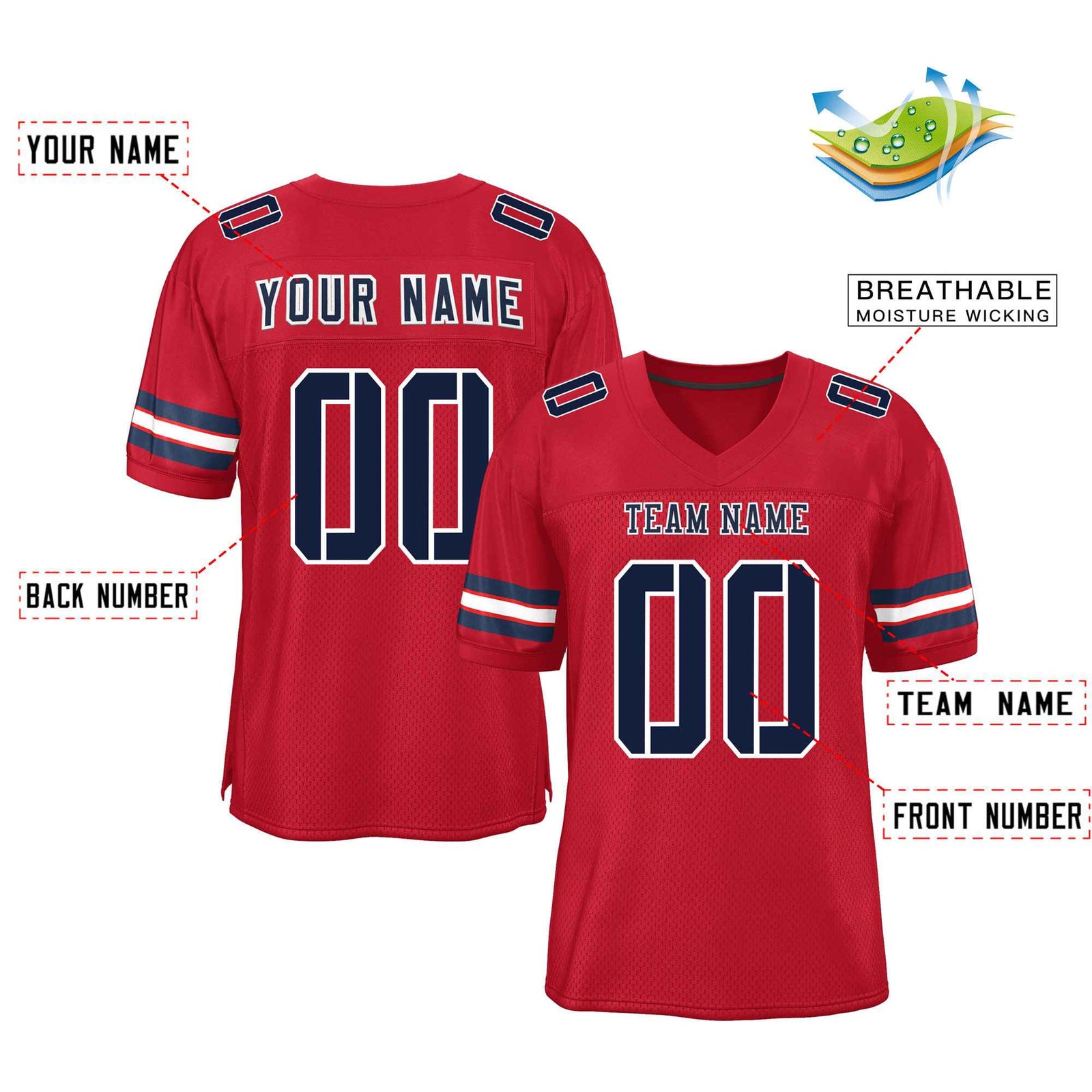 Custom Red Navy-White Classic Style Mesh Authentic Football Jersey