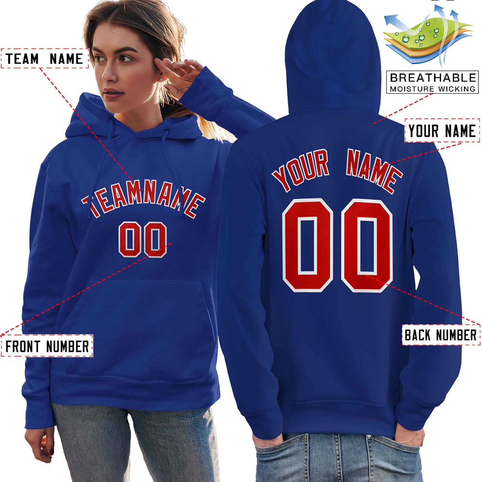 Custom Royal Red-White Classic Style Personalized Sport Pullover Hoodie