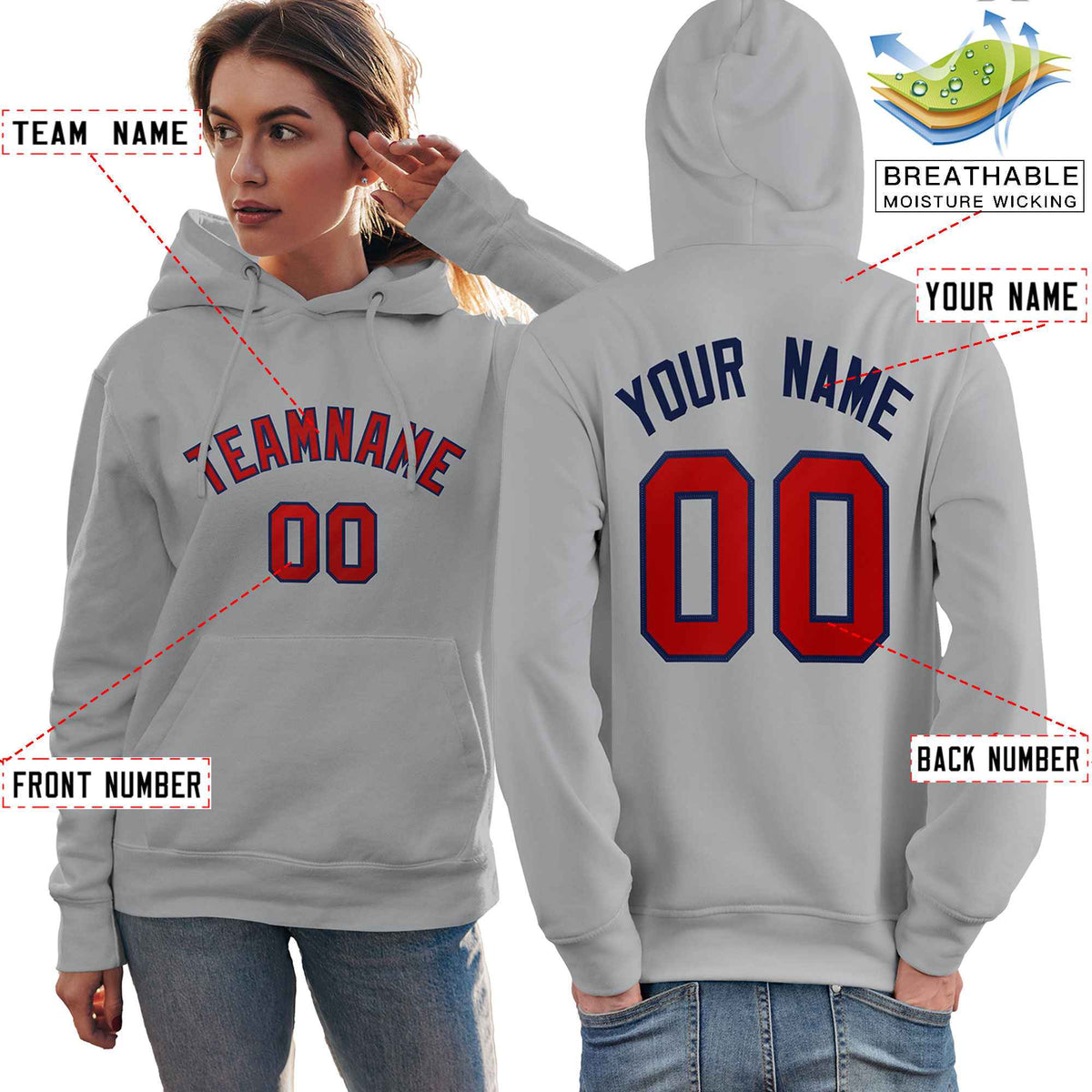 Custom Gray Red-Royal Classic Style Personalized Sport Pullover Hoodie