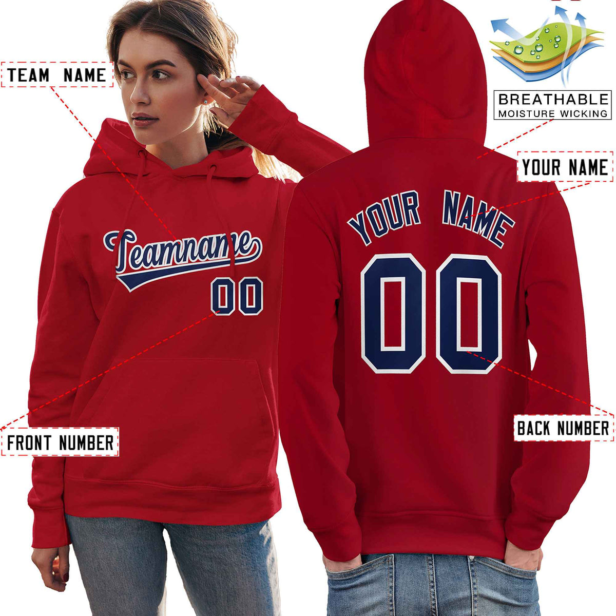 Custom Red Navy-White Classic Style Personalized Sport Pullover Hoodie