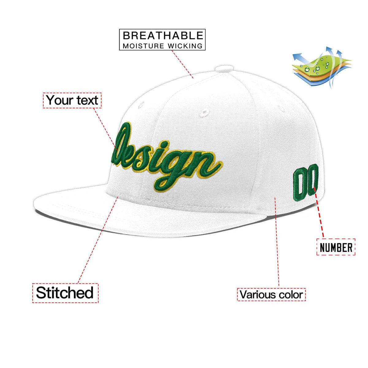 Custom White 3D Puff Embroidery Flat Embroidery Casual Sport Baseball Cap
