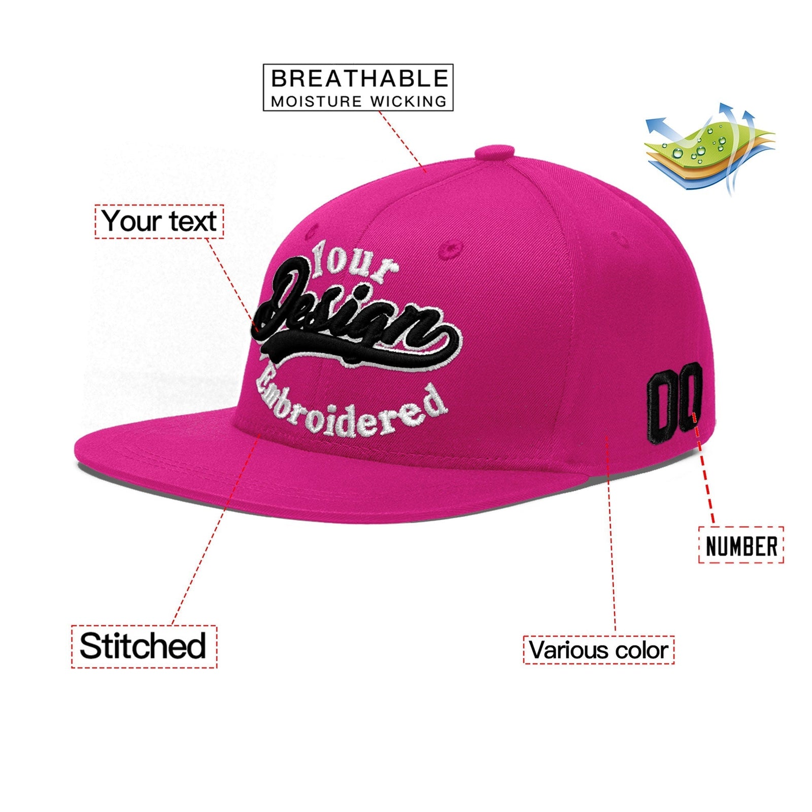Custom Rose Red 3D Puff Embroidery Flat Embroidery Casual Sport Baseball Cap