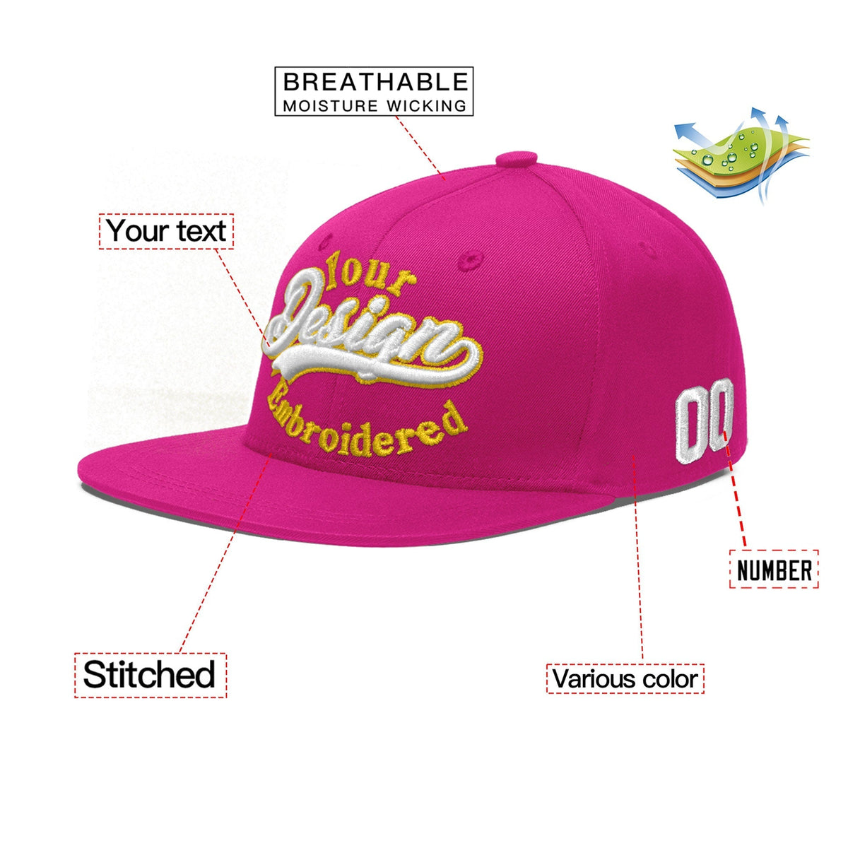 Custom Rose Red 3D Puff Embroidery Flat Embroidery Casual Sport Baseball Cap