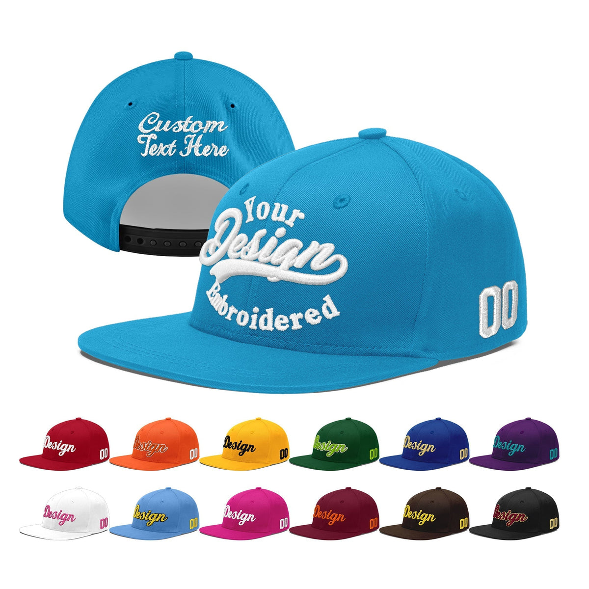 Custom Light Blue 3D Puff Embroidery Flat Embroidery Casual Sport Baseball Cap