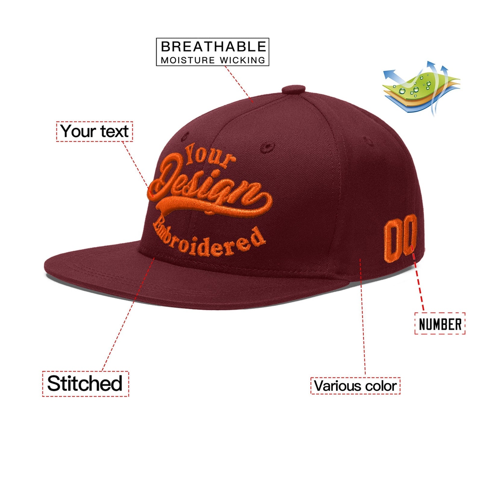 Custom Maroon 3D Puff Embroidery Flat Embroidery Casual Sport Baseball Cap