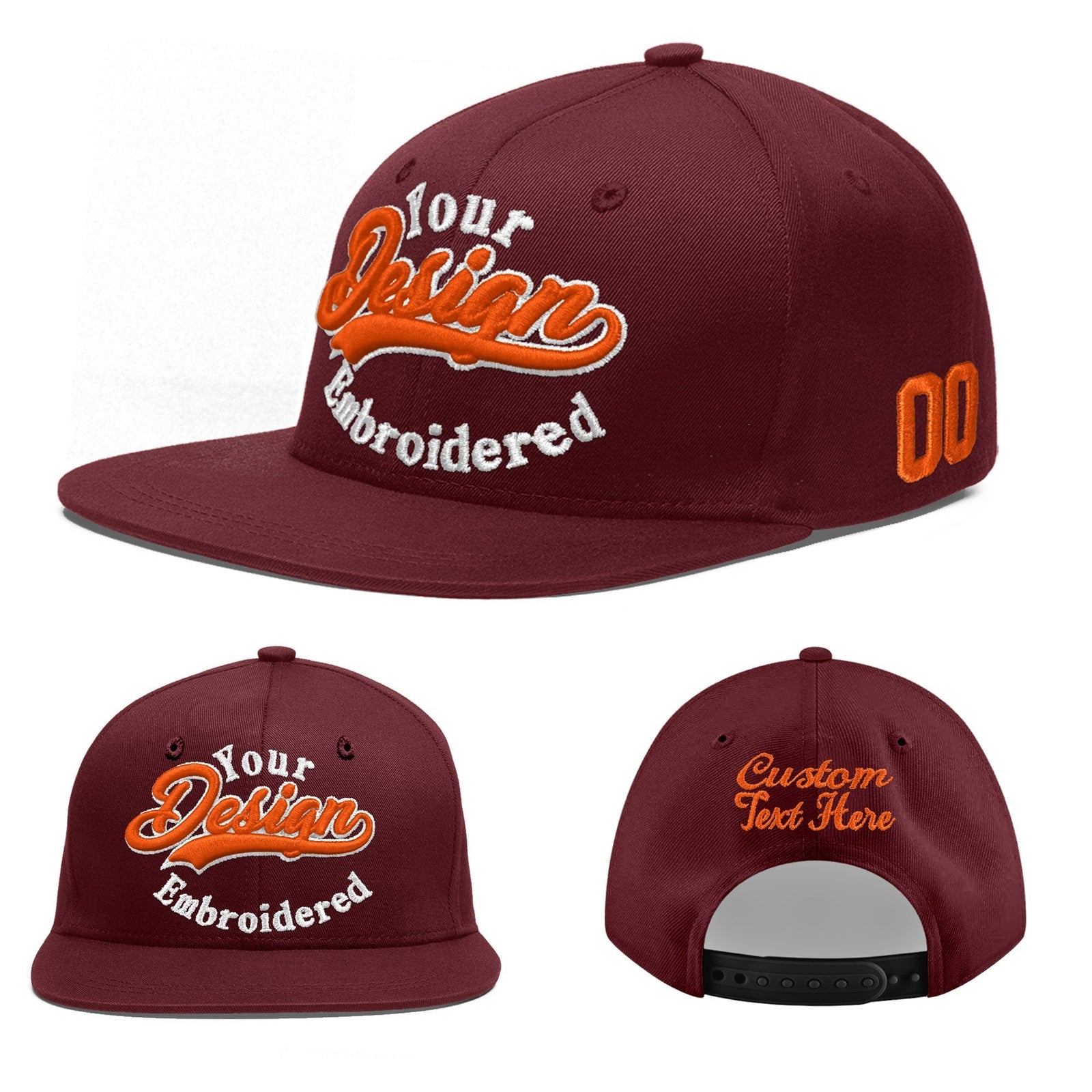 Custom Maroon 3D Puff Embroidery Flat Embroidery Casual Sport Baseball Cap