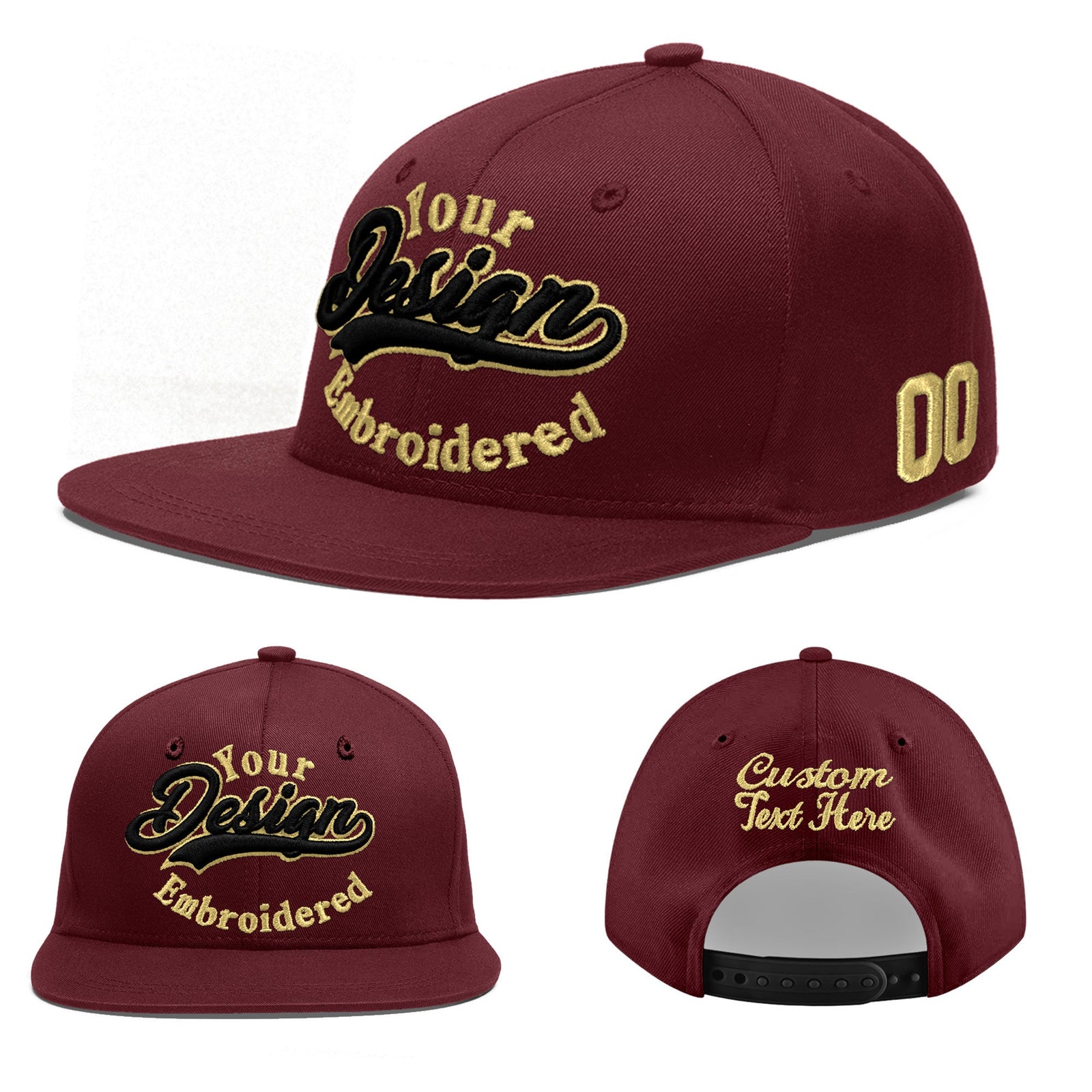Custom Maroon 3D Puff Embroidery Flat Embroidery Casual Sport Baseball Cap