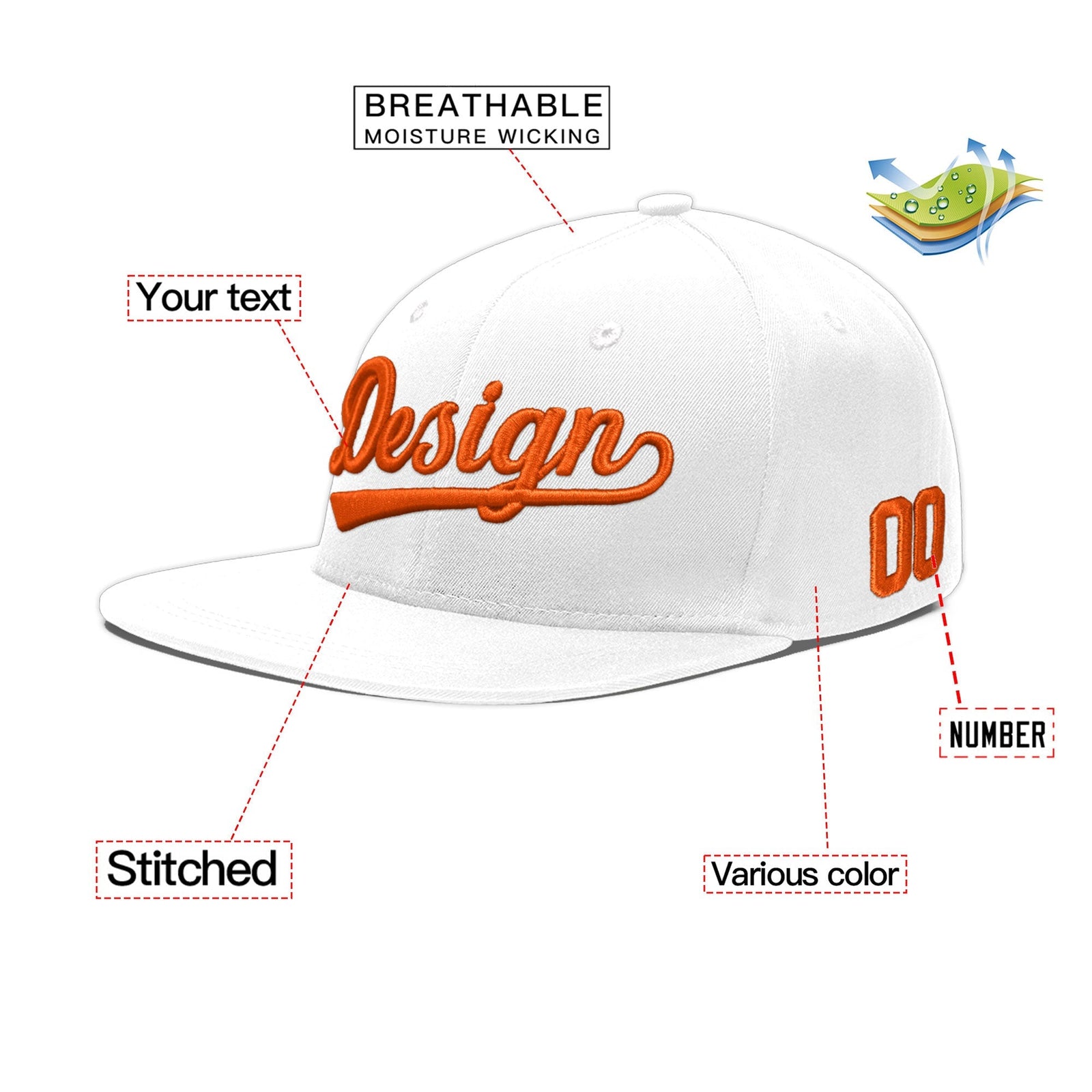 Custom White 3D Puff Embroidery Flat Embroidery Casual Sport Baseball Cap