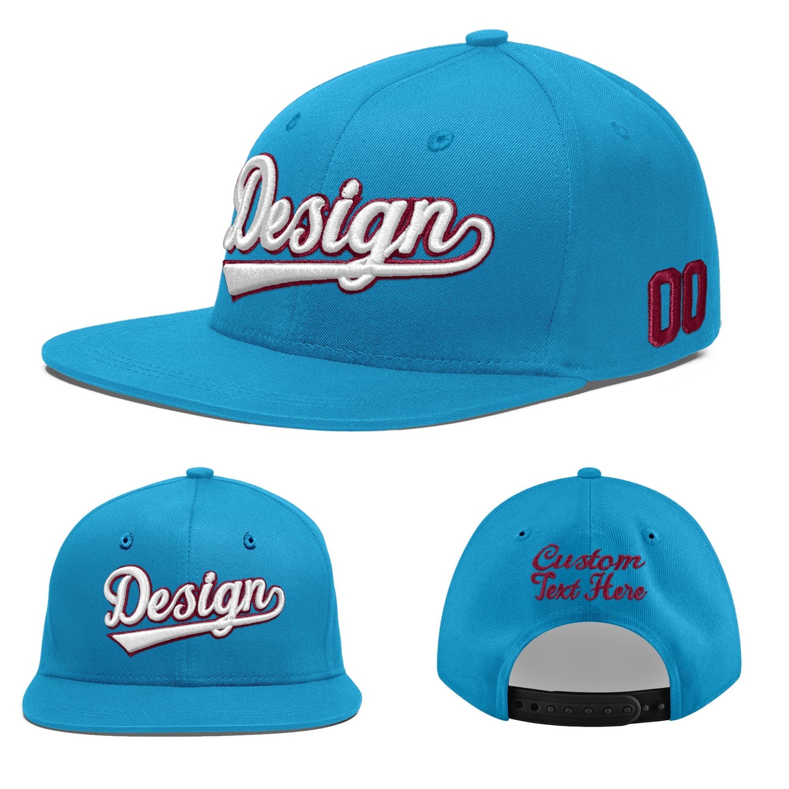 Custom Light Blue 3D Puff Embroidery Flat Embroidery Casual Sport Baseball Cap