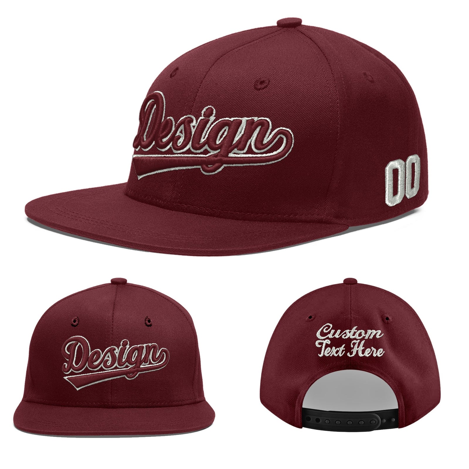 Custom Maroon 3D Puff Embroidery Flat Embroidery Casual Sport Baseball Cap