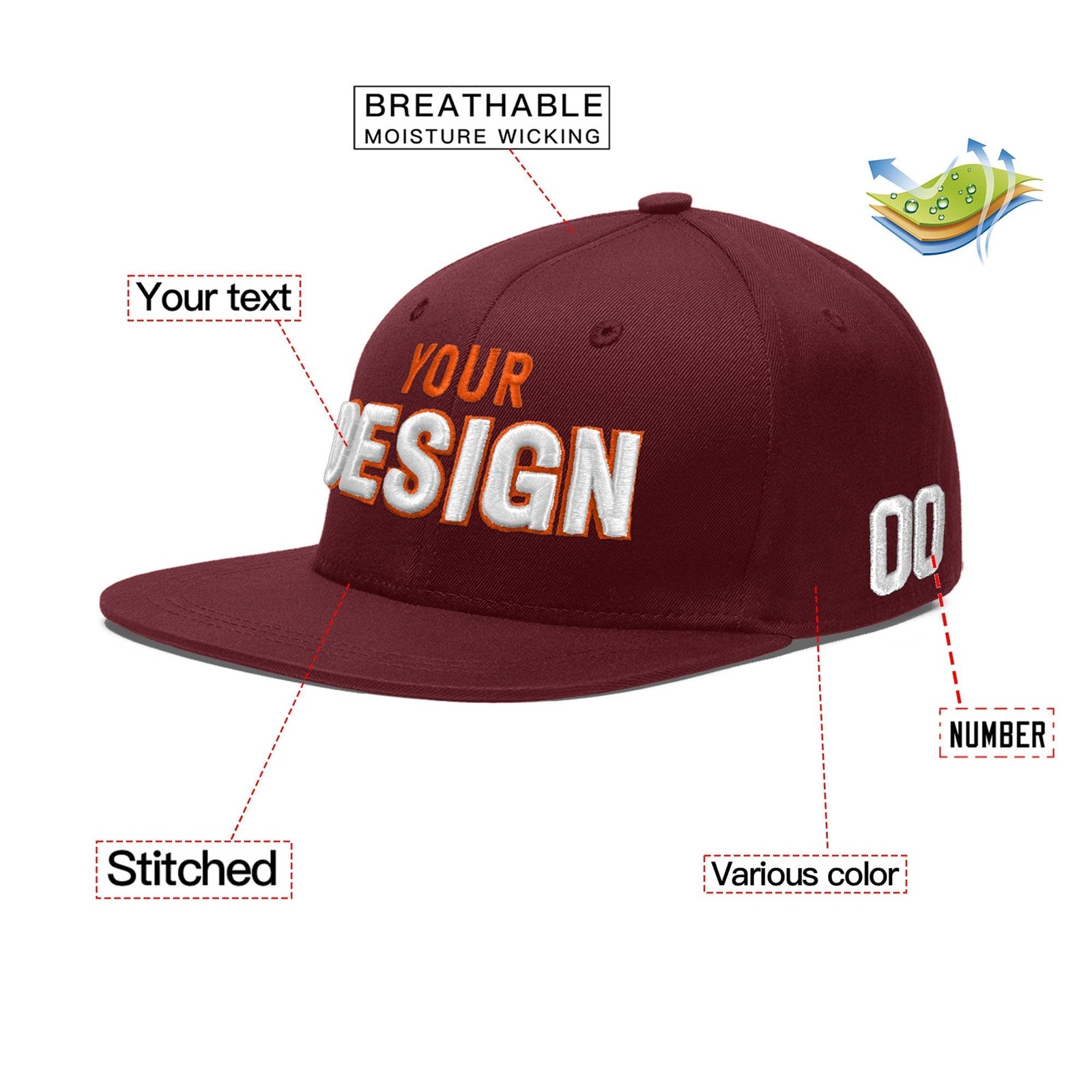 Custom Maroon 3D Puff Embroidery Flat Embroidery Casual Sport Baseball Cap