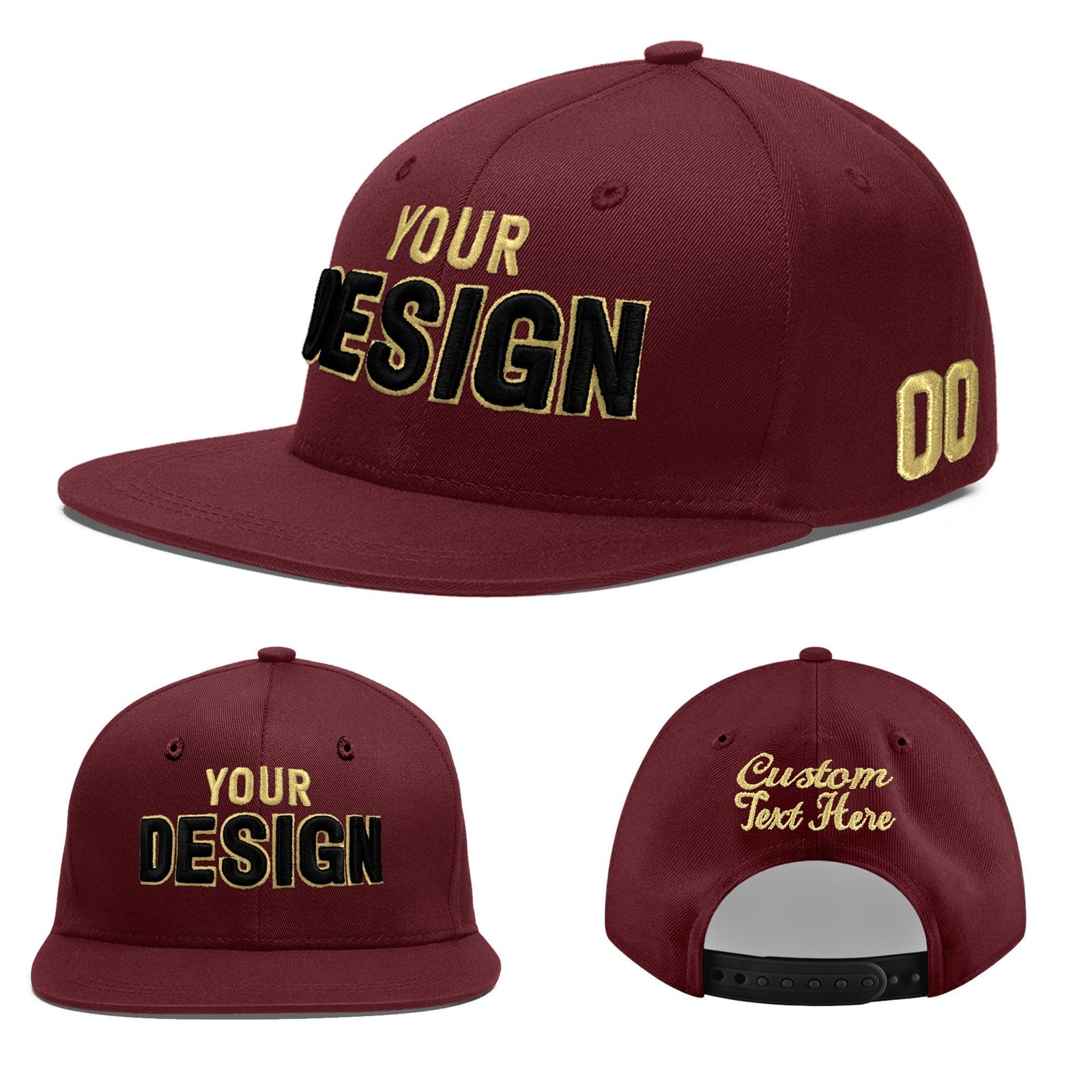 Custom Maroon 3D Puff Embroidery Flat Embroidery Casual Sport Baseball Cap