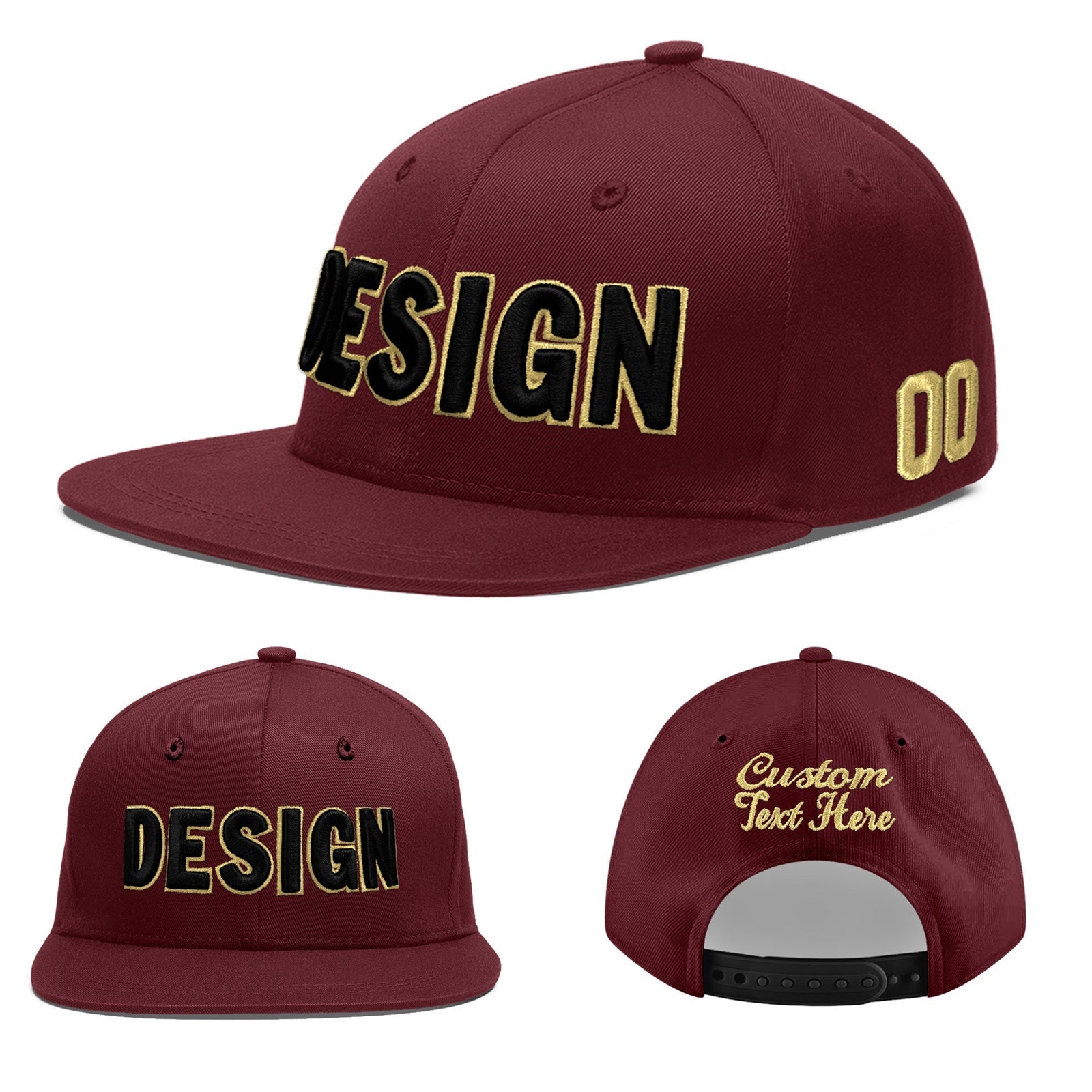 Custom Maroon 3D Puff Embroidery Flat Embroidery Casual Sport Baseball Cap