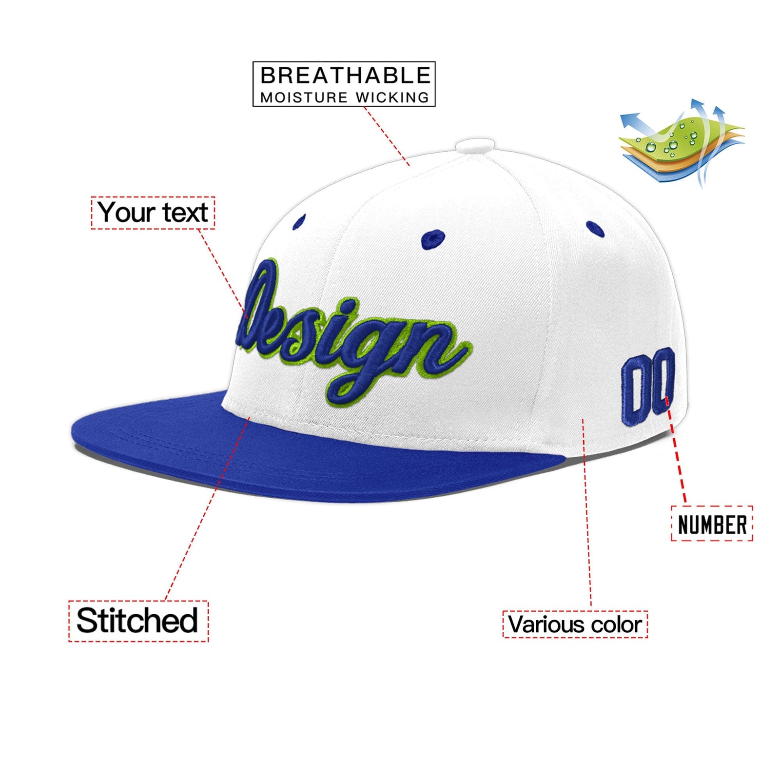 Custom White Royal Blue 5D Puff Embroidery Flat Embroidery Casual Sport Baseball Cap