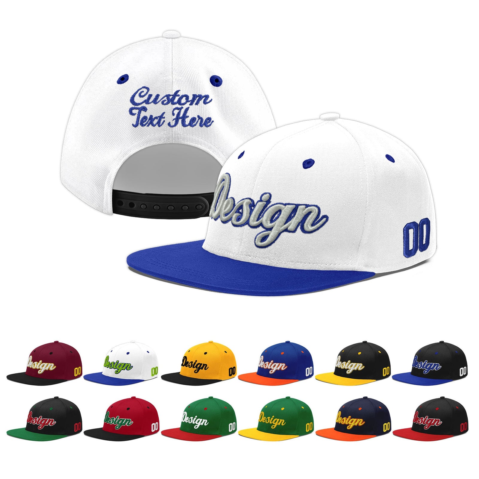 Custom White Royal Blue 19D Puff Embroidery Flat Embroidery Casual Sport Baseball Cap