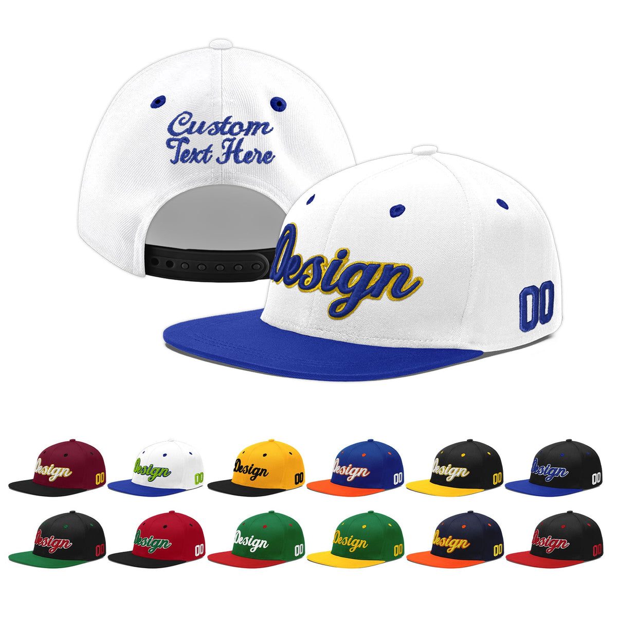 Custom White Royal Blue 11D Puff Embroidery Flat Embroidery Casual Sport Baseball Cap