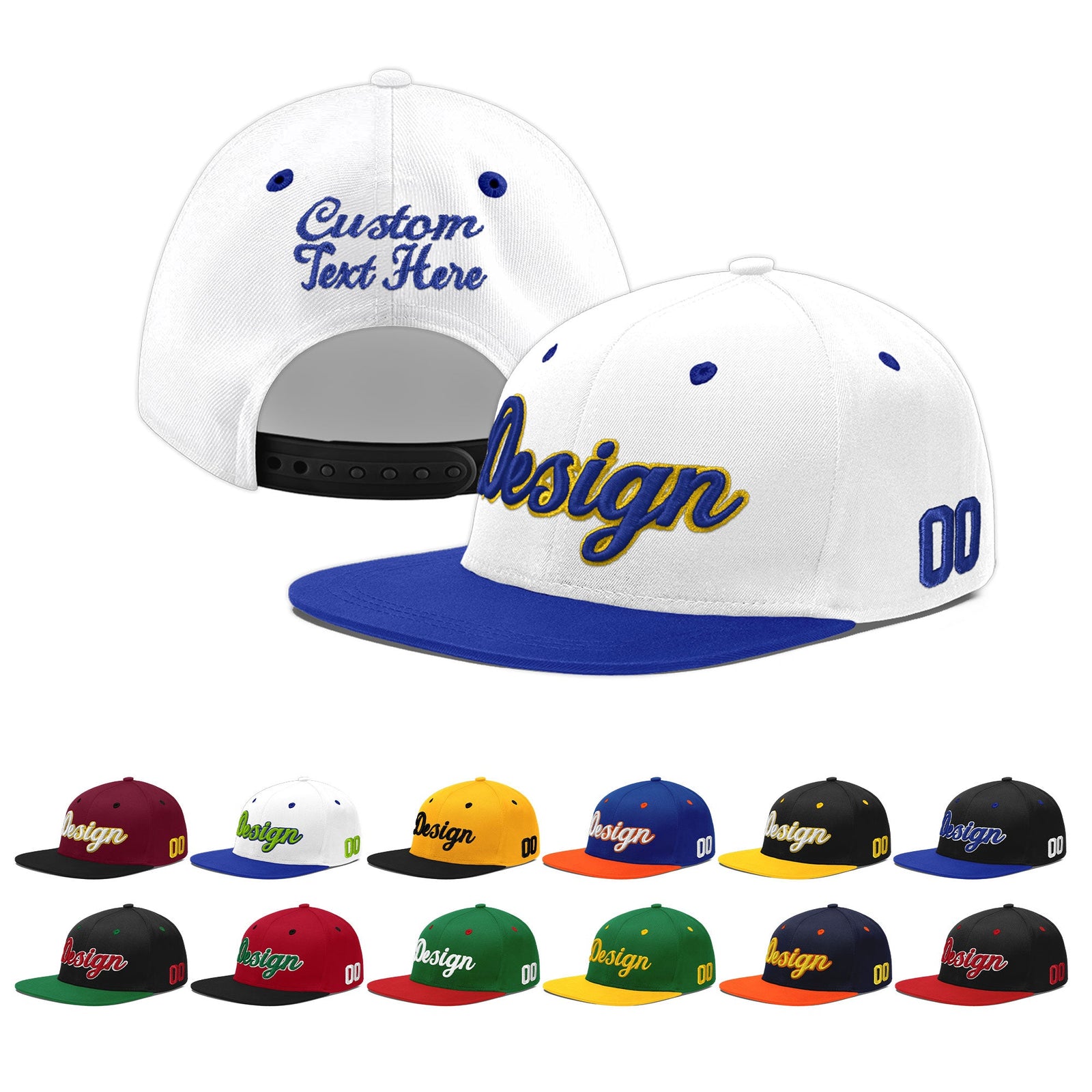 Custom White Royal Blue 11D Puff Embroidery Flat Embroidery Casual Sport Baseball Cap