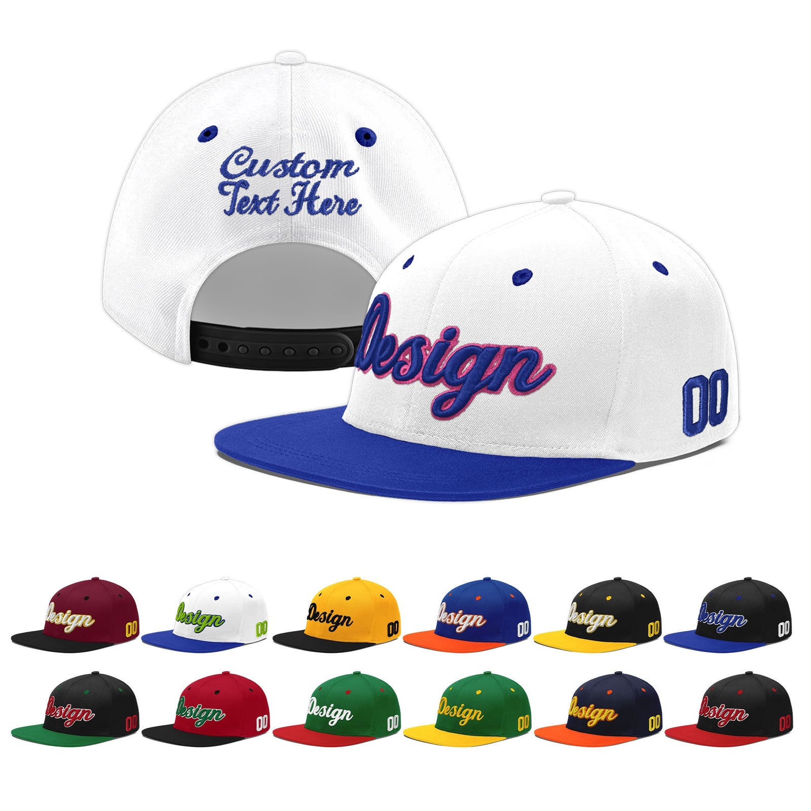 Custom White Royal Blue 35D Puff Embroidery Flat Embroidery Casual Sport Baseball Cap