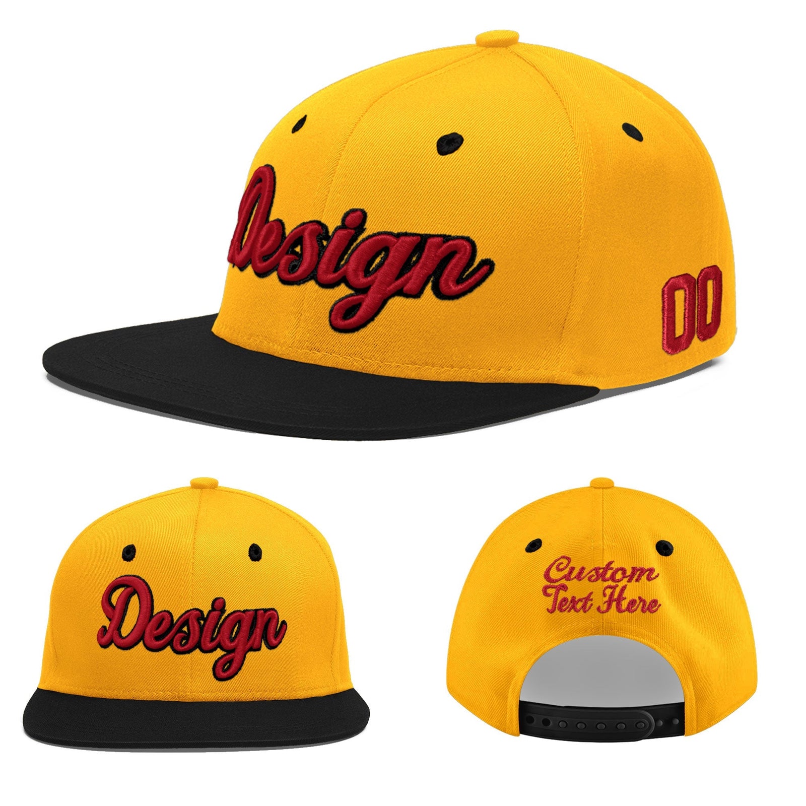 Custom Gold Black 4D Puff Embroidery Flat Embroidery Casual Sport Baseball Cap