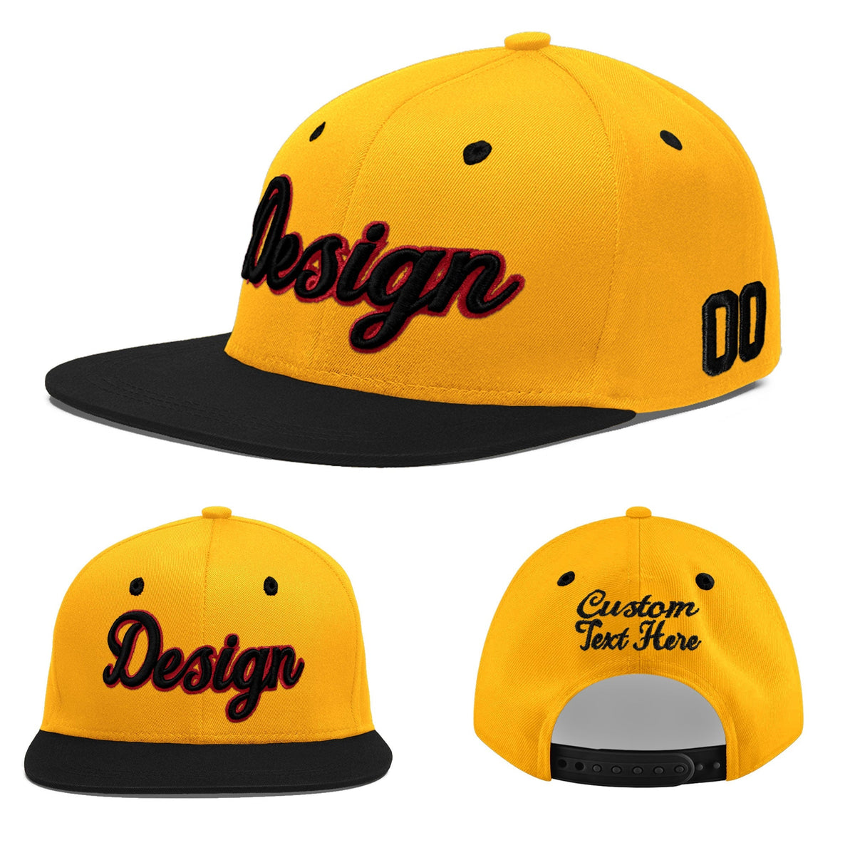 Custom Gold Black 12D Puff Embroidery Flat Embroidery Casual Sport Baseball Cap
