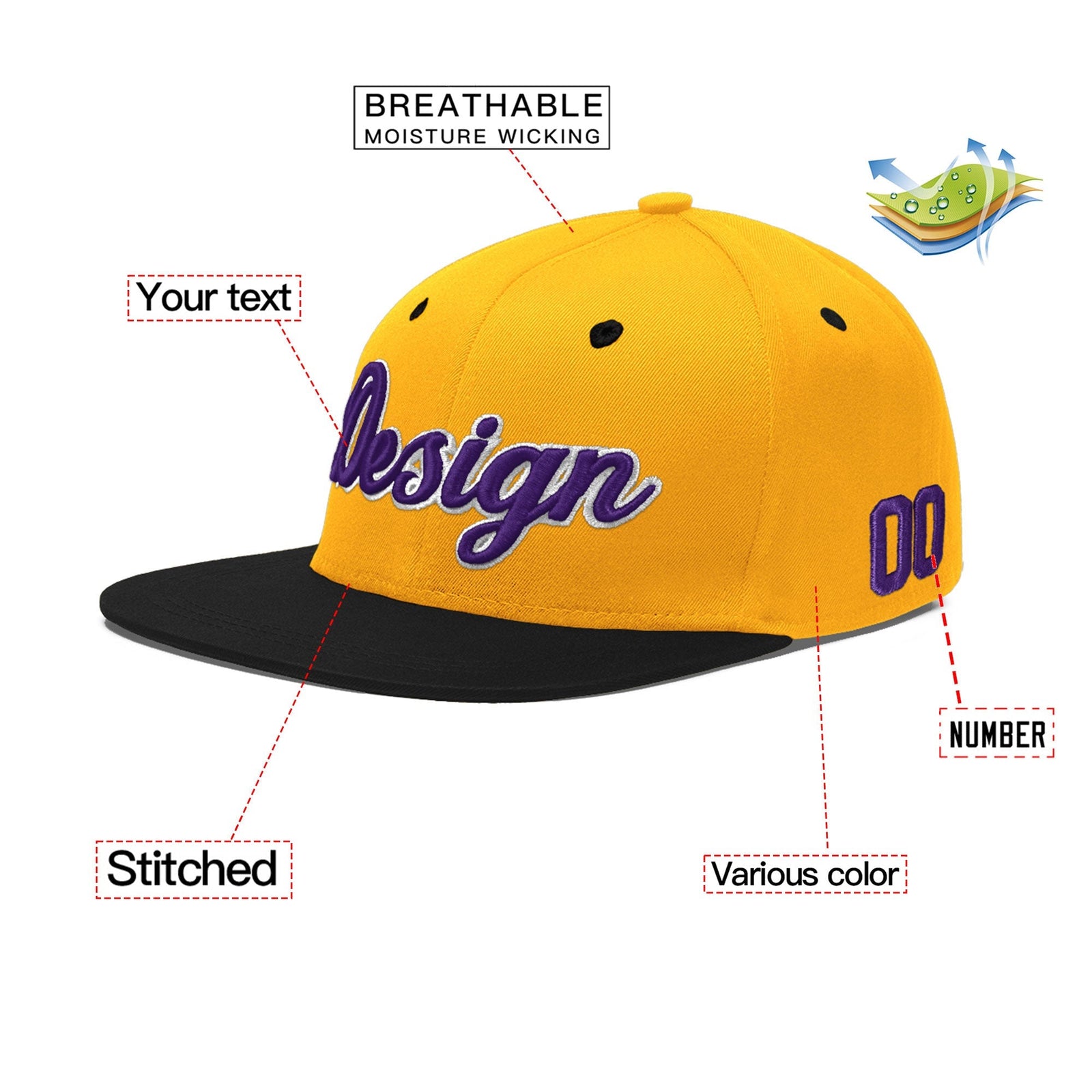 Custom Gold Black 21D Puff Embroidery Flat Embroidery Casual Sport Baseball Cap