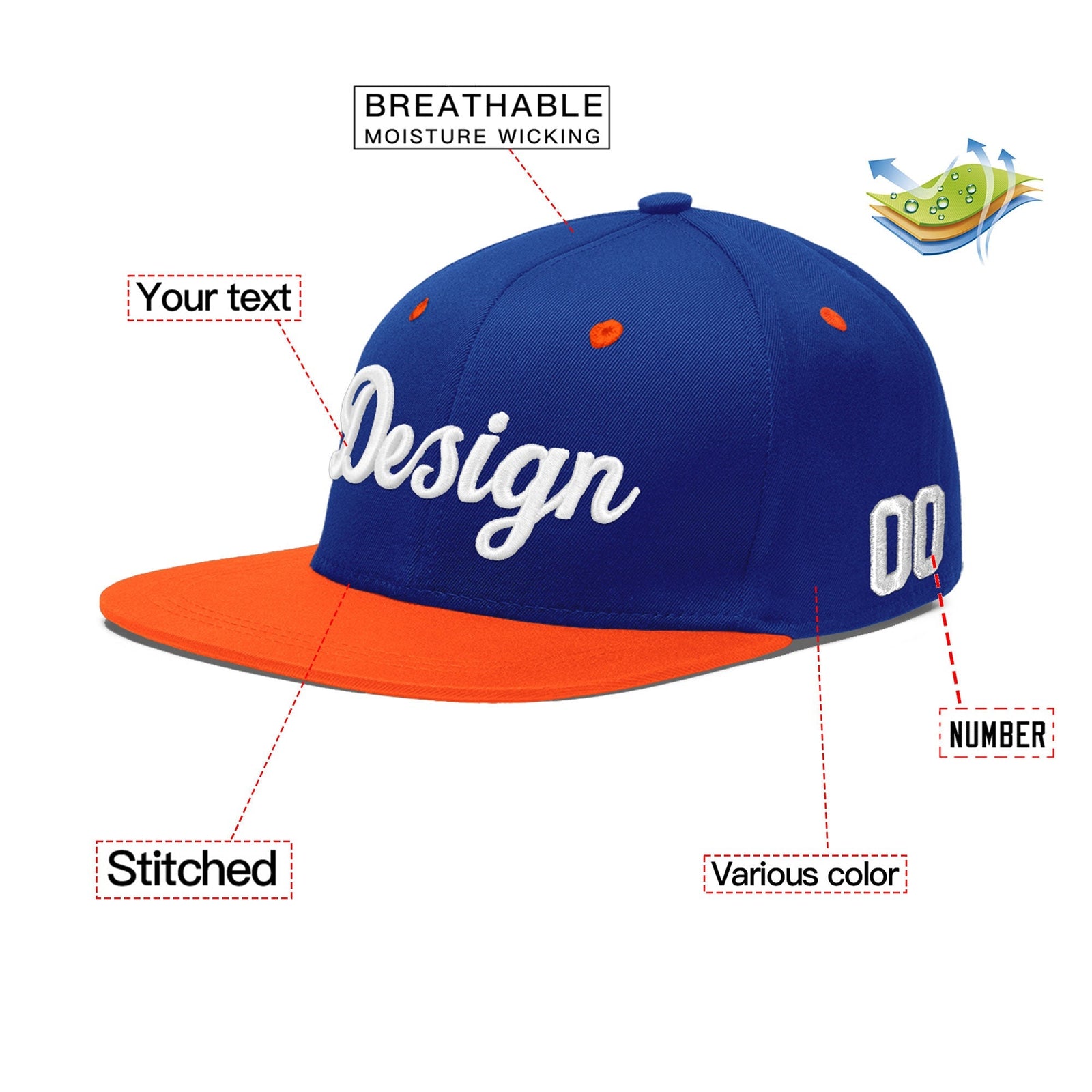 Custom Royal Blue Orange 3D Puff Embroidery Flat Embroidery Casual Sport Baseball Cap