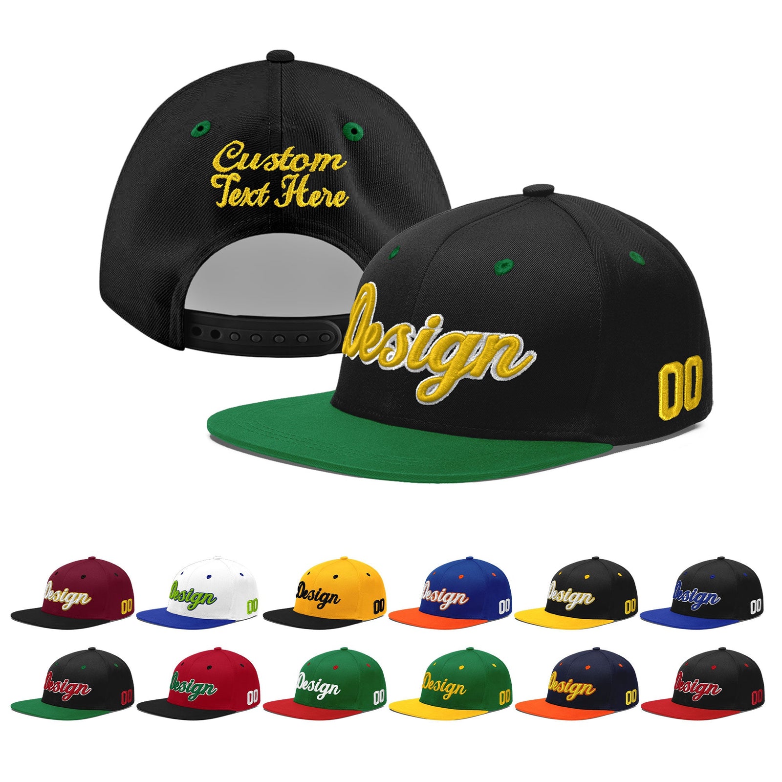 Custom Black Kelly Green 3D Puff Embroidery Flat Embroidery Casual Sport Baseball Cap