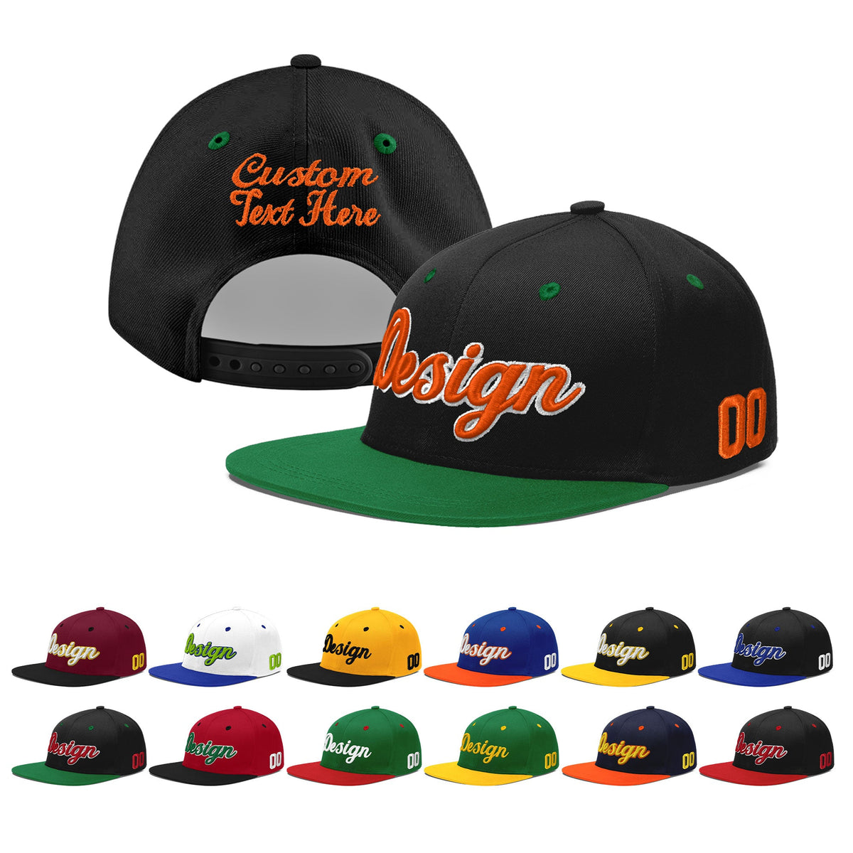 Custom Black Kelly Green 3D Puff Embroidery Flat Embroidery Casual Sport Baseball Cap