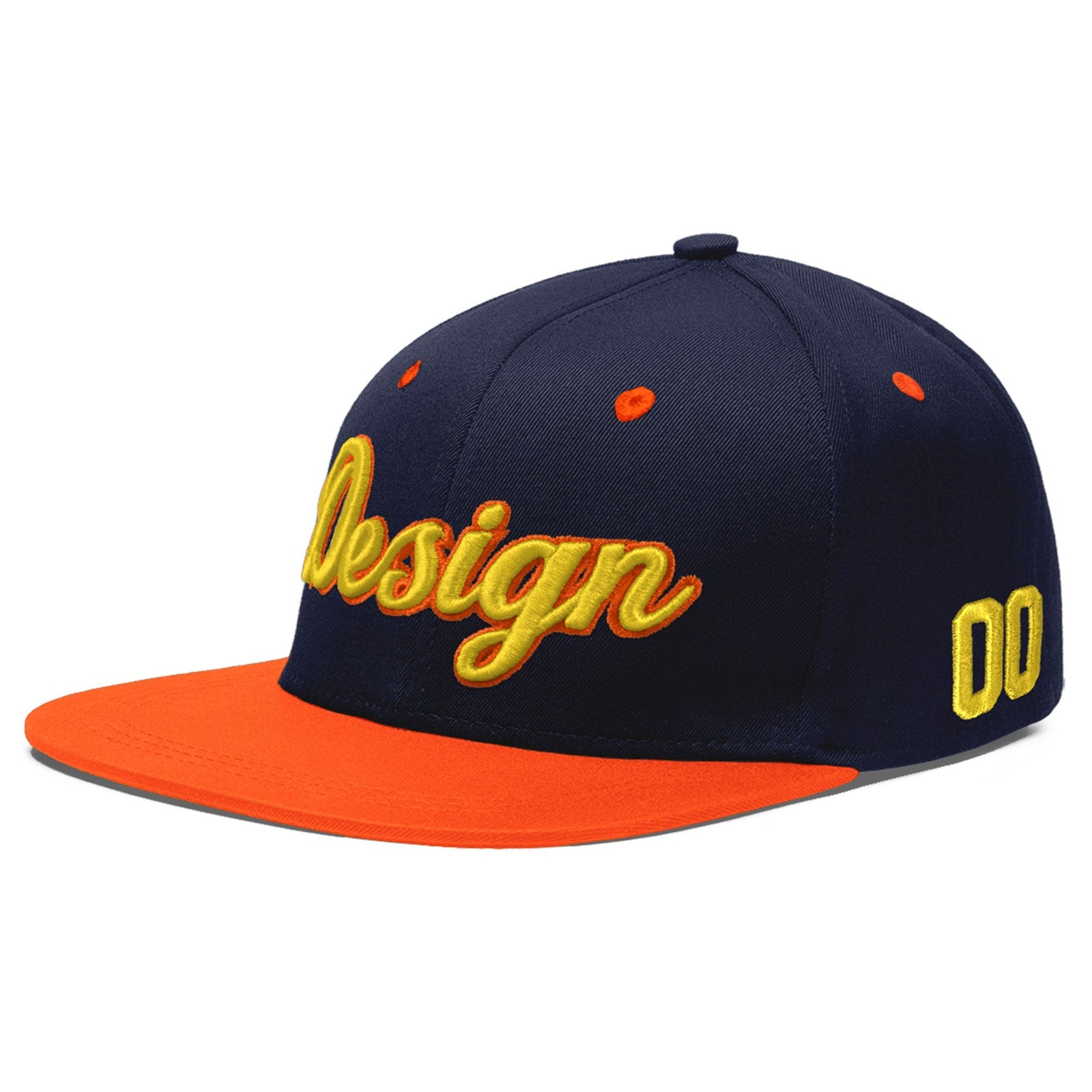 Custom Navy Orange 3D Puff Embroidery Flat Embroidery Casual Sport Baseball Cap