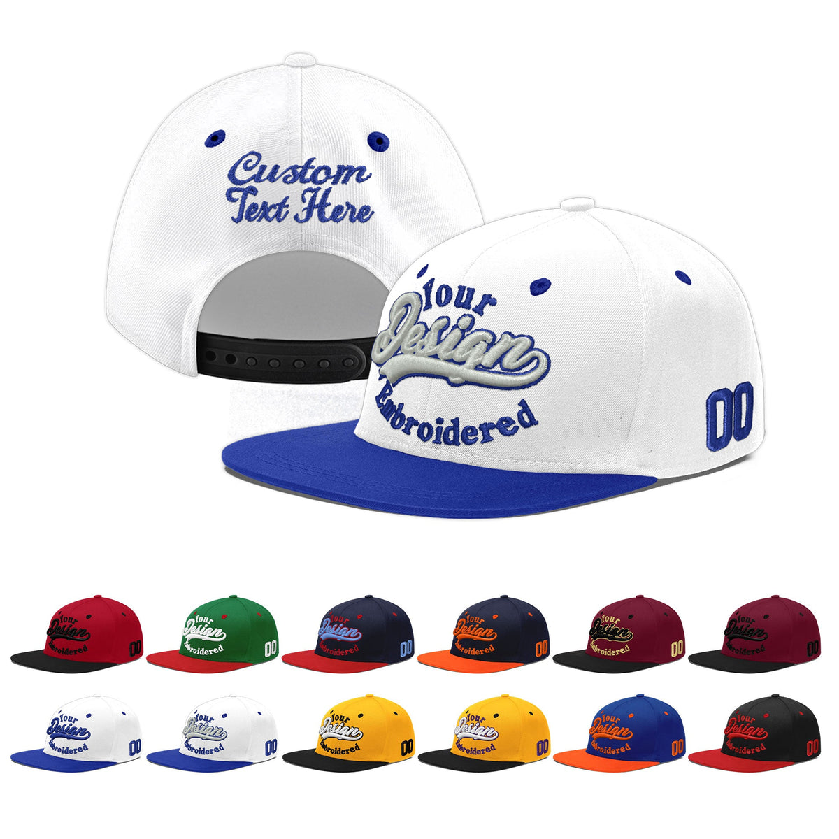 Custom White Royal Blue 179D Puff Embroidery Flat Embroidery Casual Sport Baseball Cap