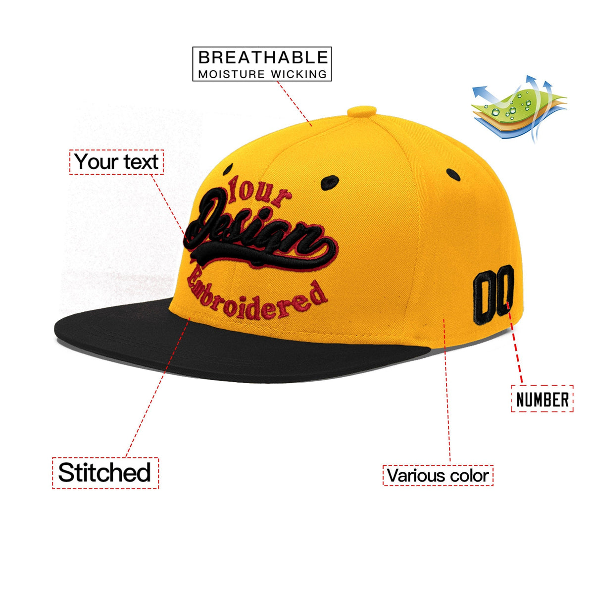 Custom Gold Black 141D Puff Embroidery Flat Embroidery Casual Sport Baseball Cap