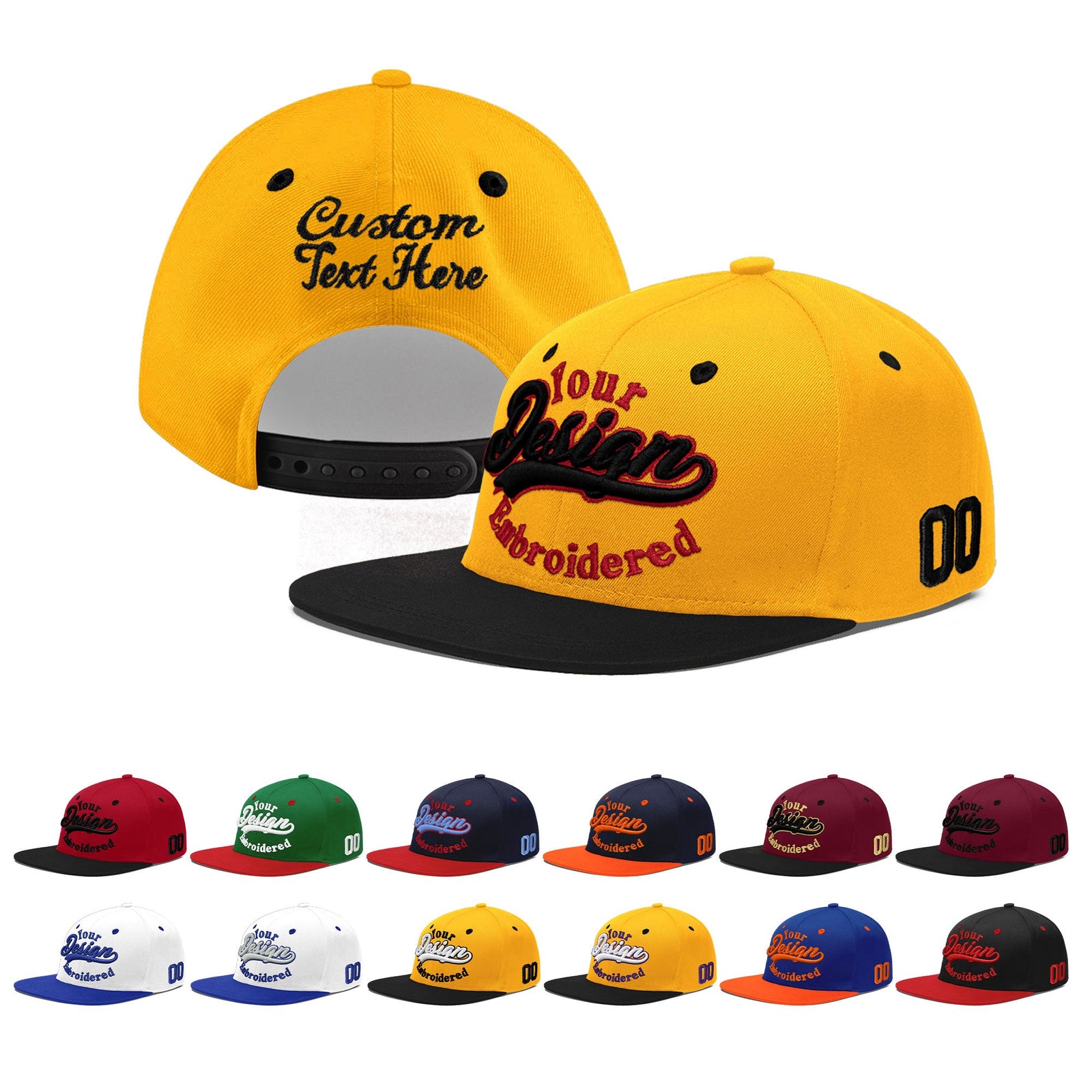 Custom Gold Black 139D Puff Embroidery Flat Embroidery Casual Sport Baseball Cap