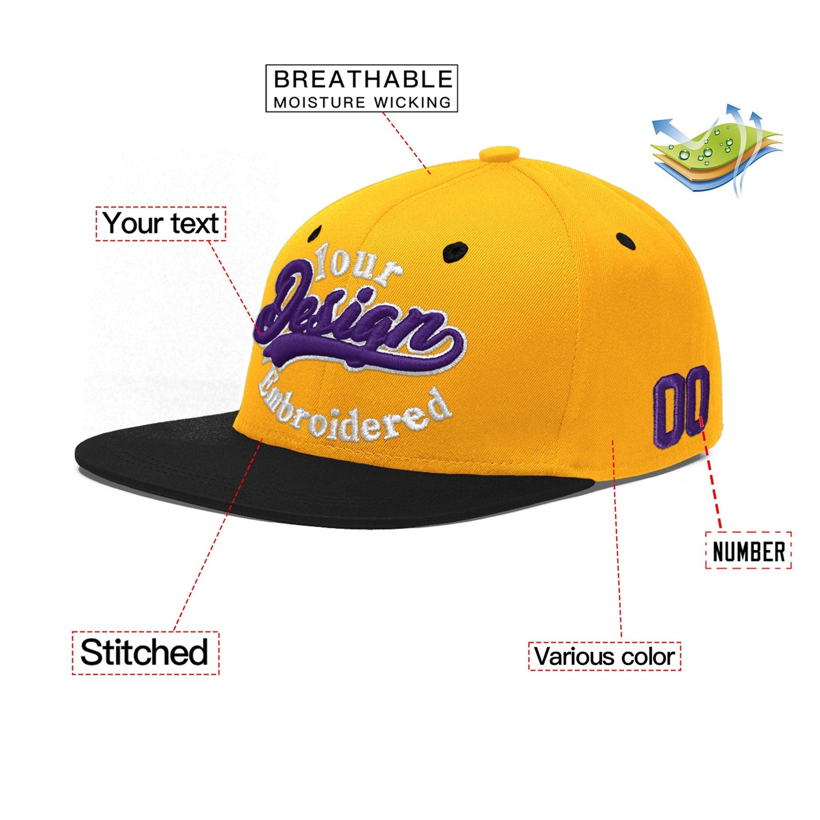 Custom Gold Black 149D Puff Embroidery Flat Embroidery Casual Sport Baseball Cap