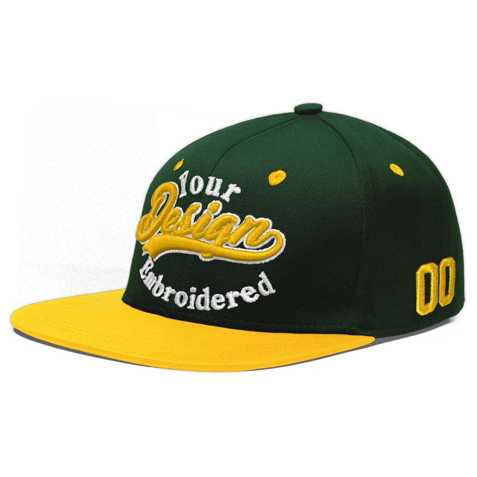 Custom Green Gold 3D Puff Embroidery Flat Embroidery Casual Sport Baseball Cap