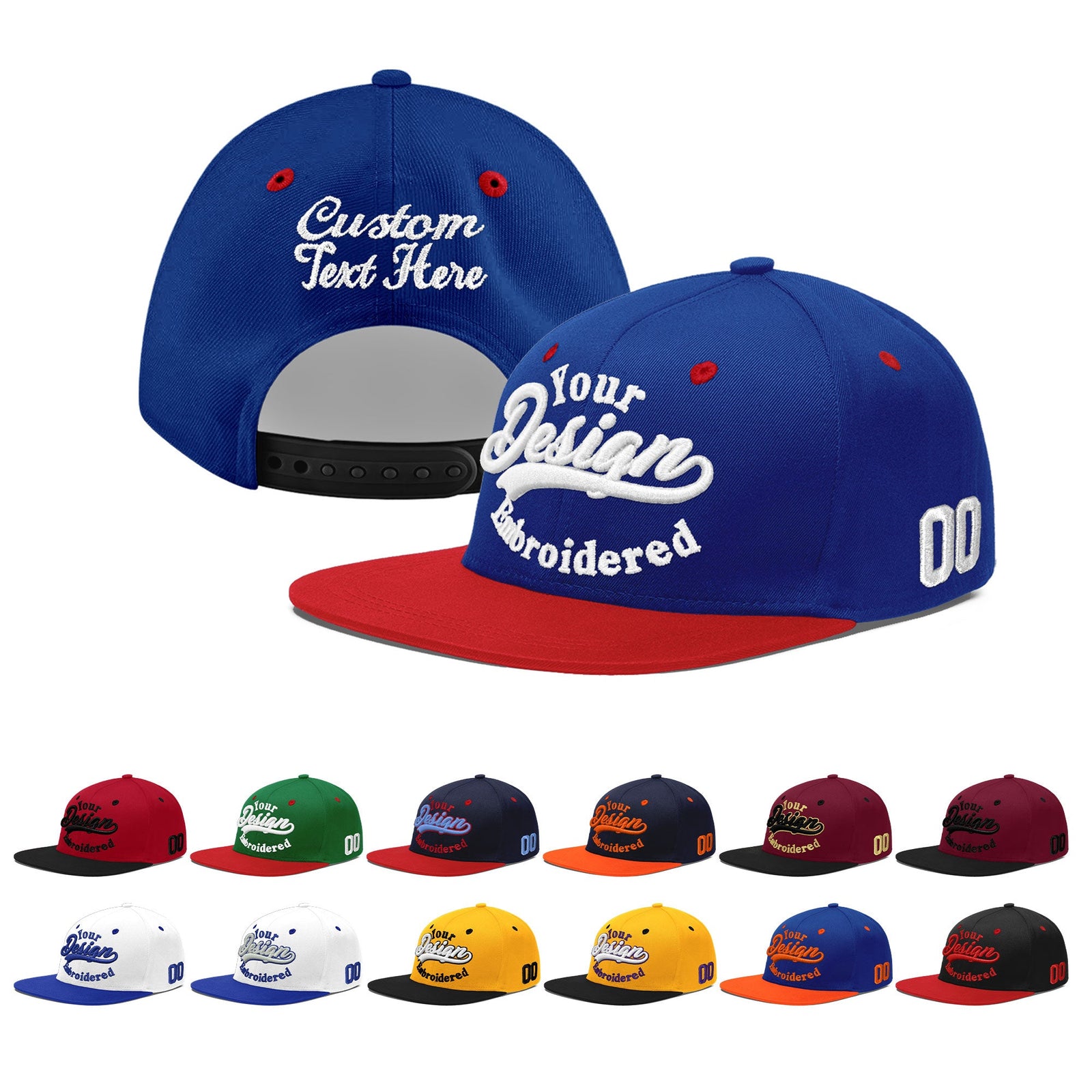 Custom Royal Blue Red 3D Puff Embroidery Flat Embroidery Casual Sport Baseball Cap