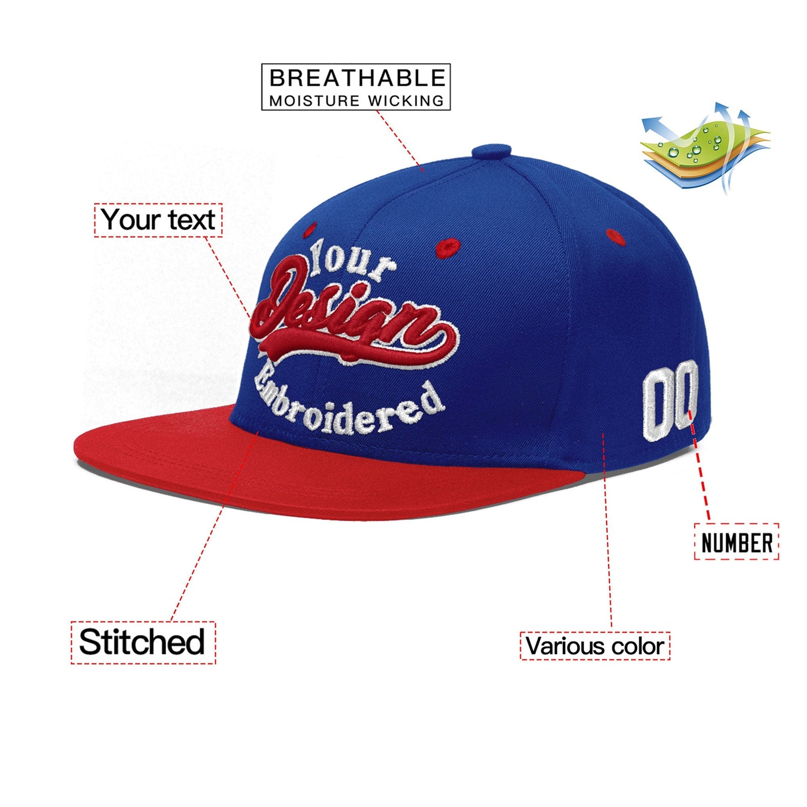 Custom Royal Blue Red 3D Puff Embroidery Flat Embroidery Casual Sport Baseball Cap