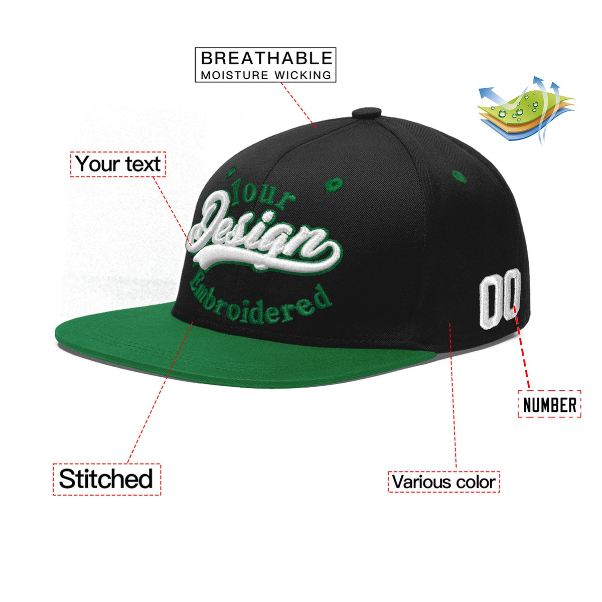 Custom Black Kelly Green 3D Puff Embroidery Flat Embroidery Casual Sport Baseball Cap