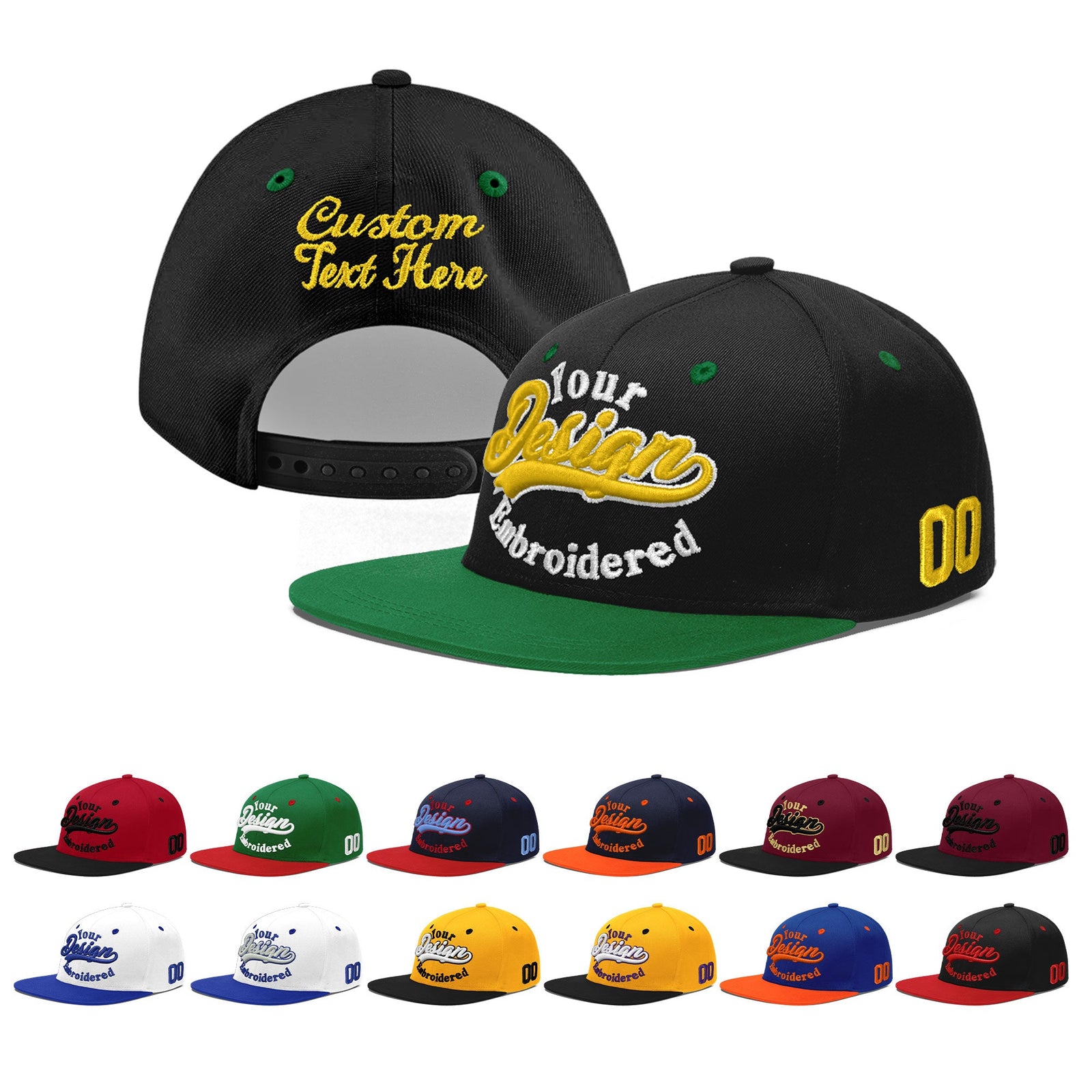 Custom Black Kelly Green 3D Puff Embroidery Flat Embroidery Casual Sport Baseball Cap