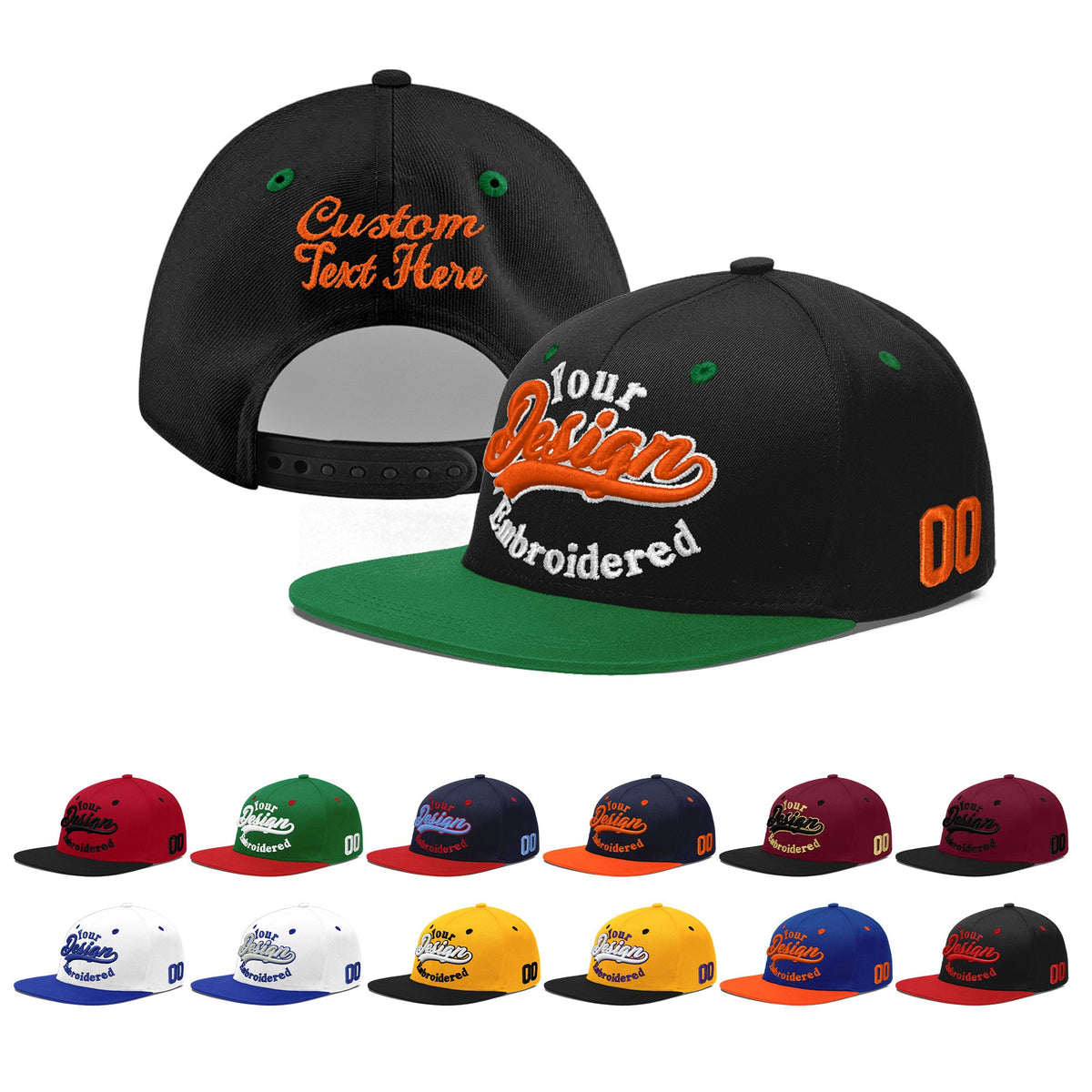 Custom Black Kelly Green 3D Puff Embroidery Flat Embroidery Casual Sport Baseball Cap