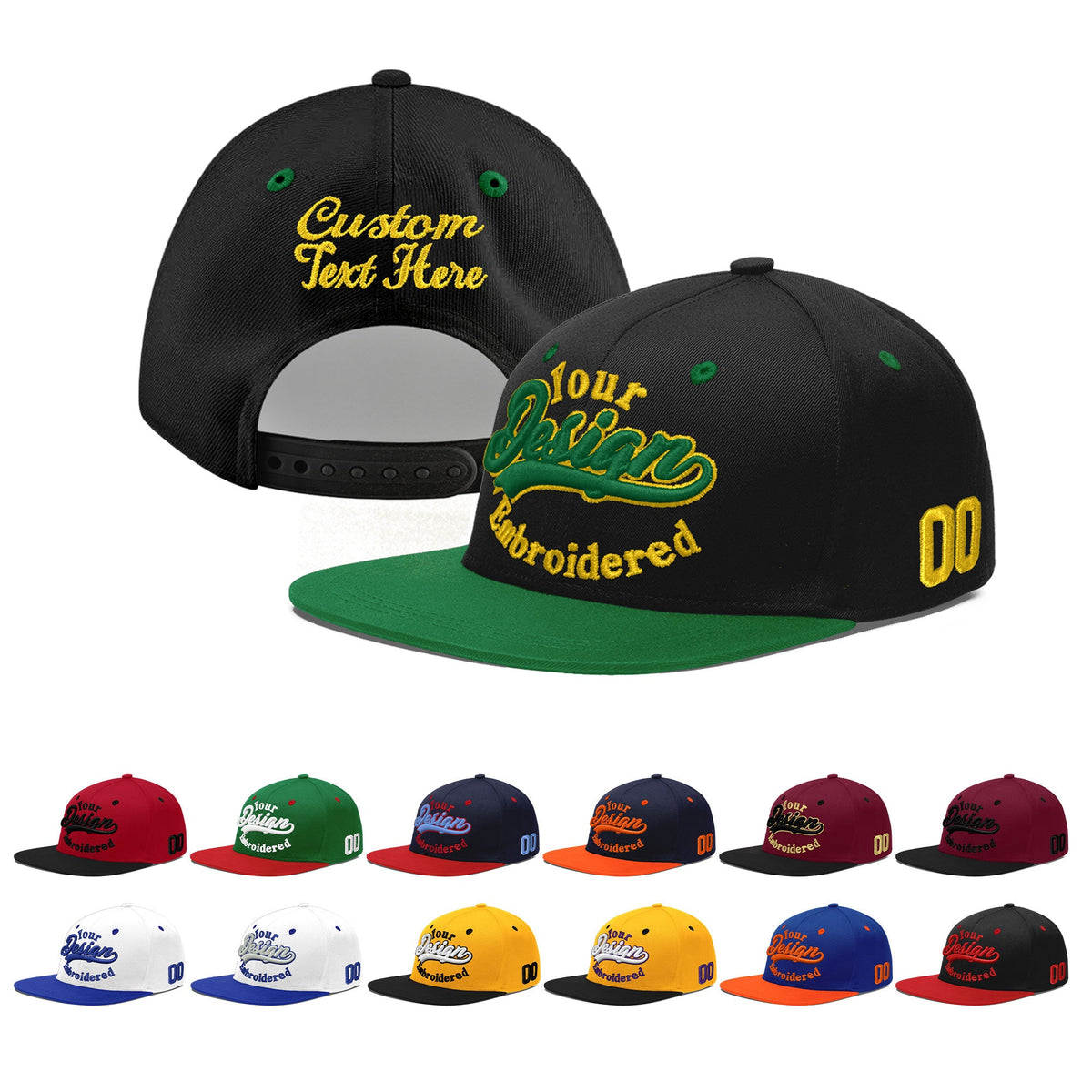 Custom Black Kelly Green 3D Puff Embroidery Flat Embroidery Casual Sport Baseball Cap