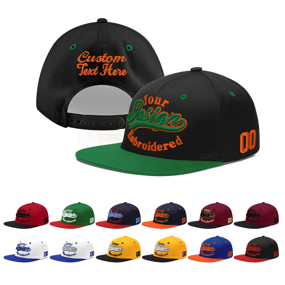 Custom Black Kelly Green 3D Puff Embroidery Flat Embroidery Casual Sport Baseball Cap