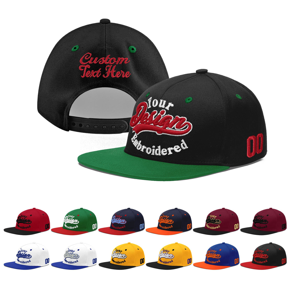Custom Black Kelly Green 3D Puff Embroidery Flat Embroidery Casual Sport Baseball Cap