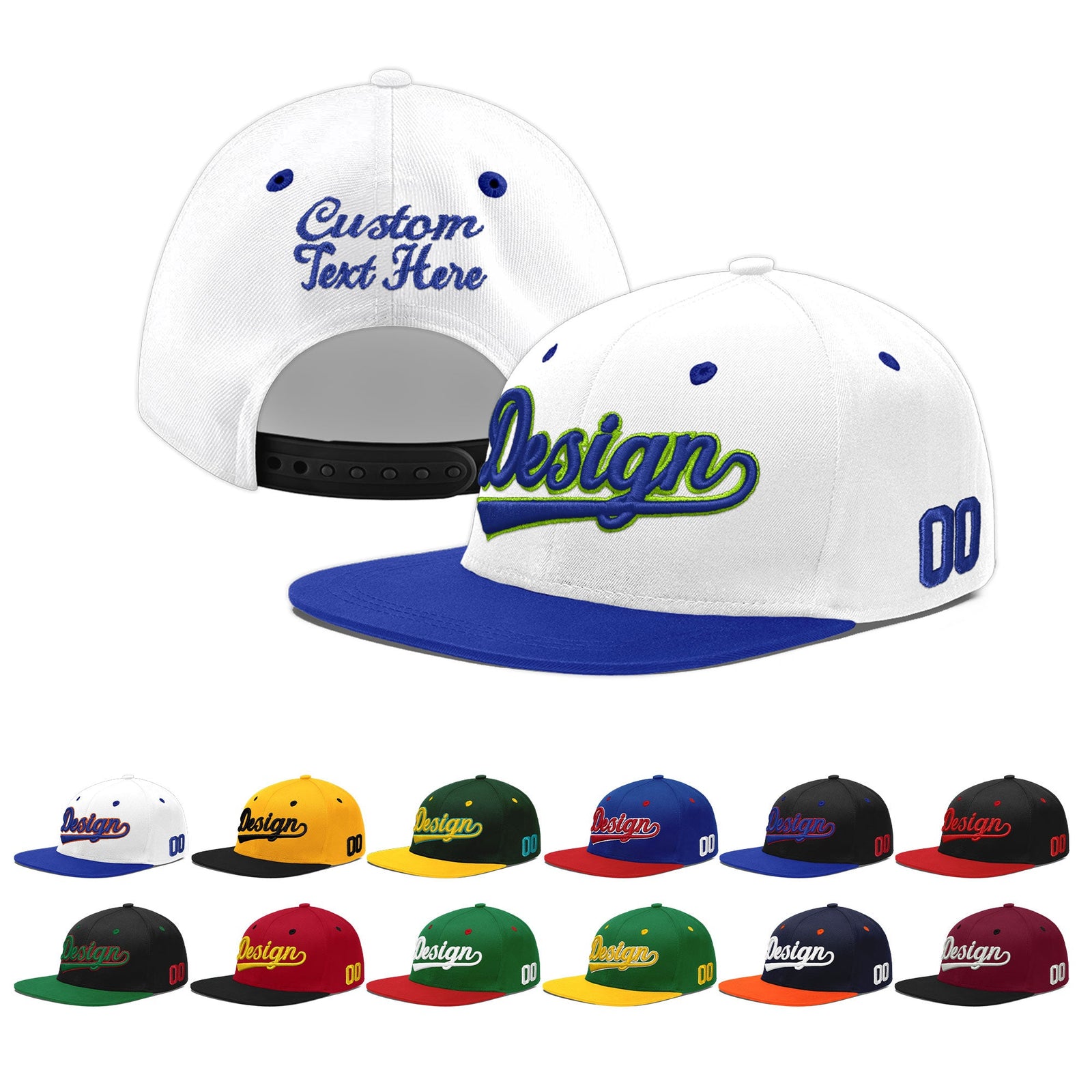 Custom White Royal Blue 123D Puff Embroidery Flat Embroidery Casual Sport Baseball Cap