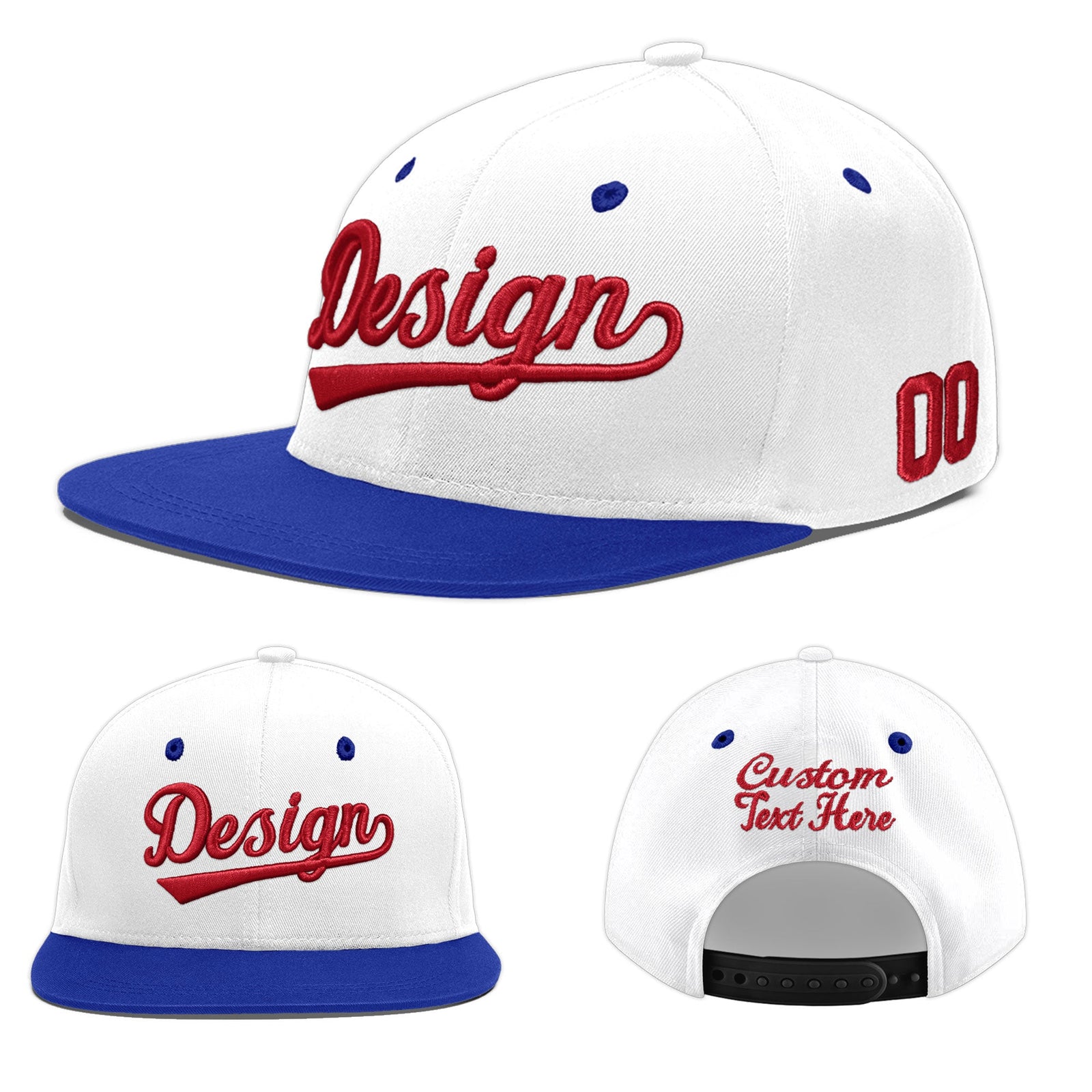 Custom White Royal Blue 132D Puff Embroidery Flat Embroidery Casual Sport Baseball Cap