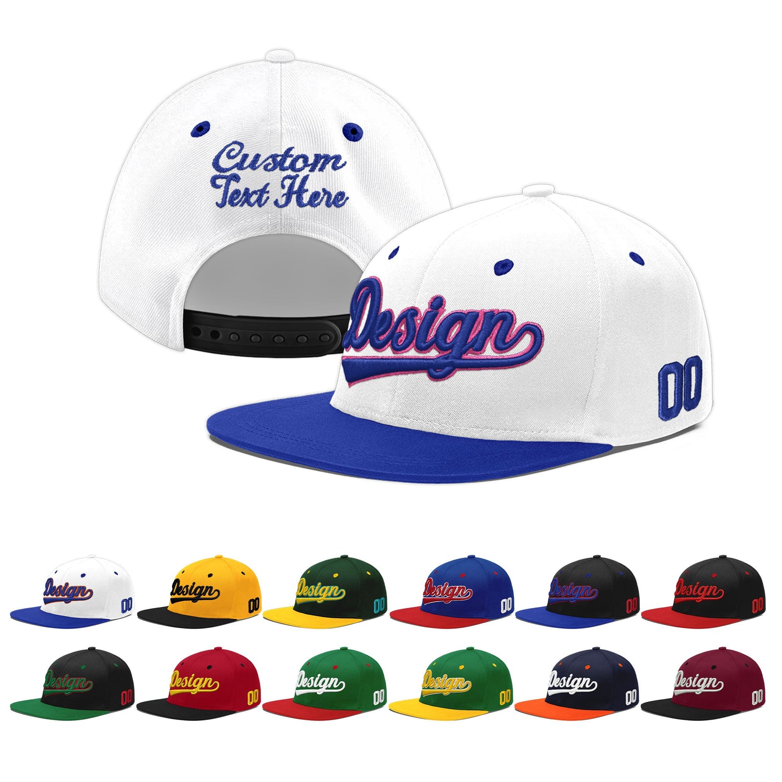 Custom White Royal Blue 155D Puff Embroidery Flat Embroidery Casual Sport Baseball Cap