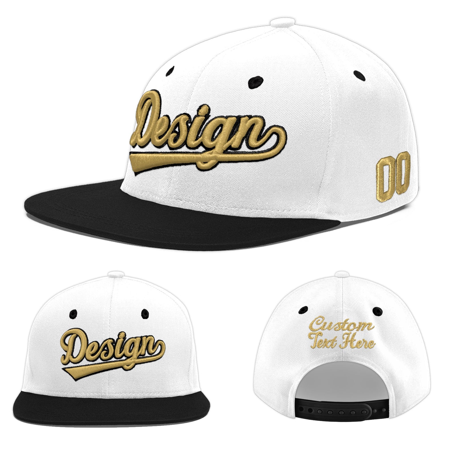 Custom White Black 3D Puff Embroidery Flat Embroidery Casual Sport Baseball Cap
