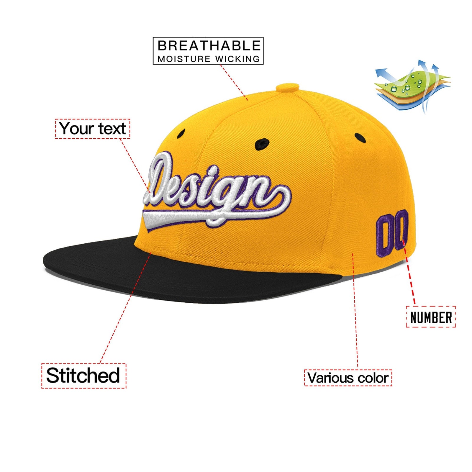 Custom Gold Black 125D Puff Embroidery Flat Embroidery Casual Sport Baseball Cap