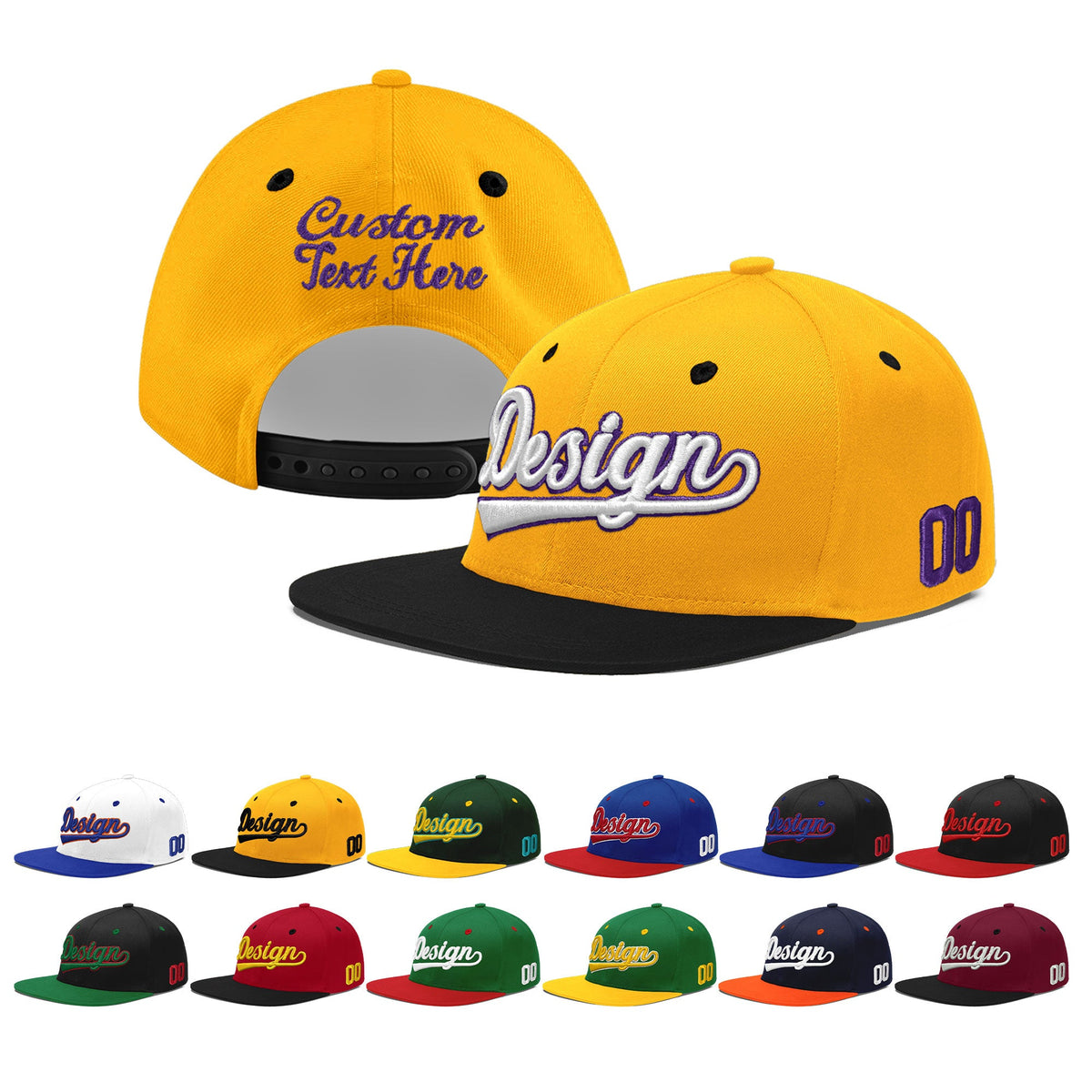 Custom Gold Black 123D Puff Embroidery Flat Embroidery Casual Sport Baseball Cap